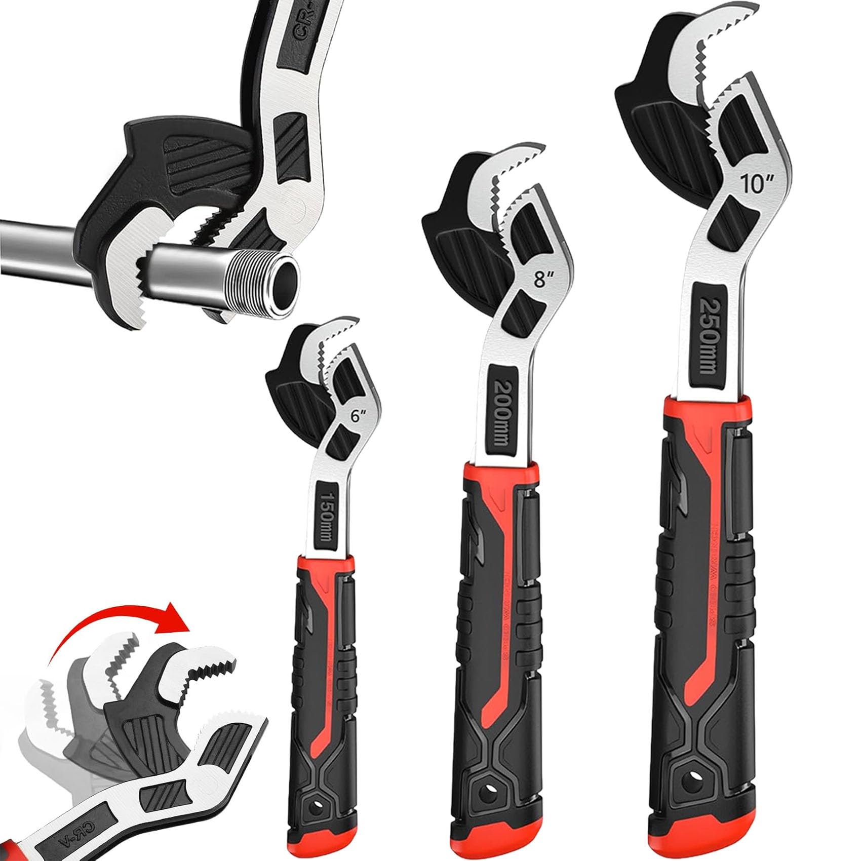 Rhevosil 6” 8” 10” Multi-function Self-locking Pipe Wrench Set, Chromium Vanadium Steel,Plumbers Wrench with Self Tightening Function for 9/32”-1 3/8”