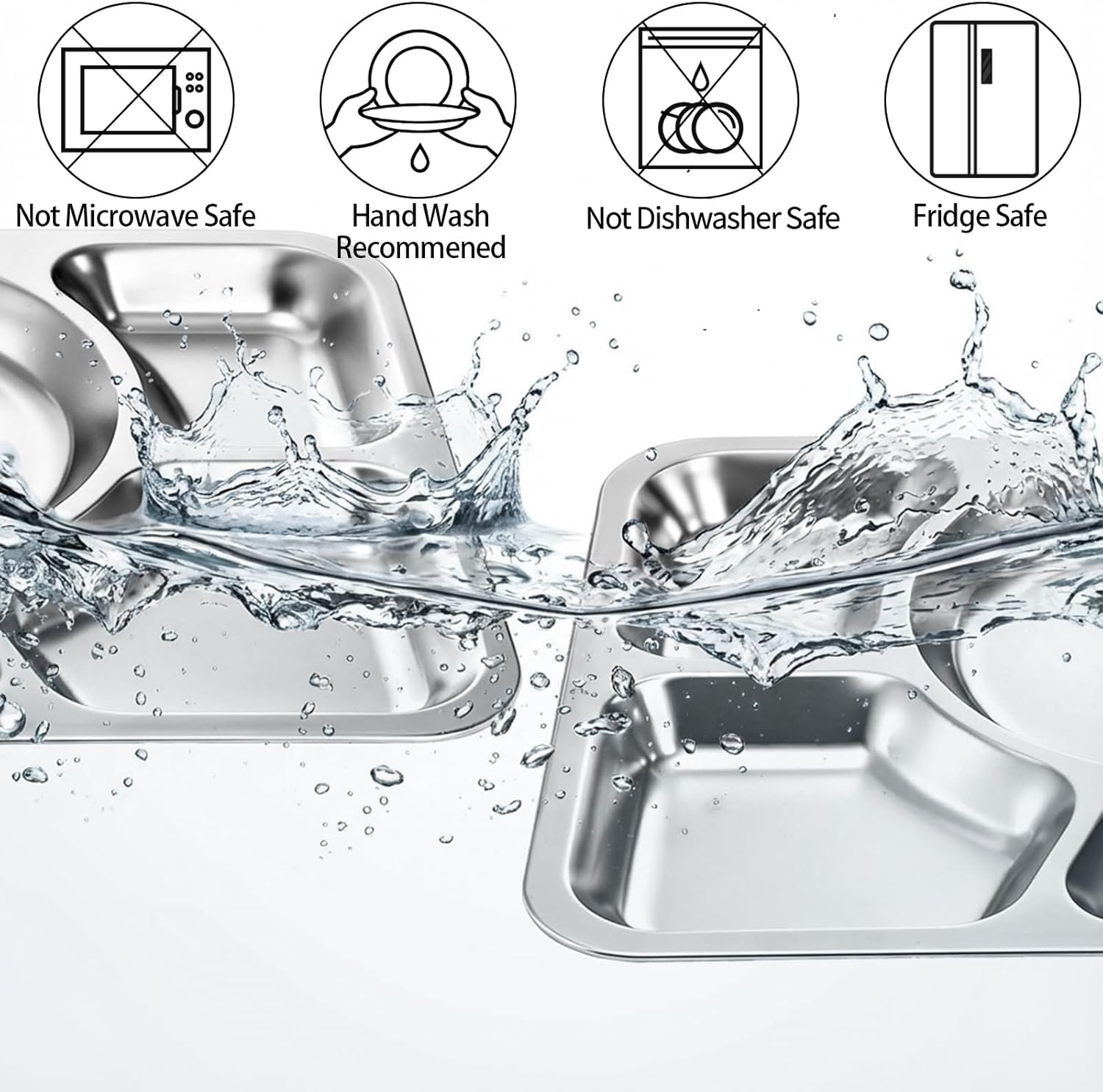 Hacaroa 4 Pack Stainless Steel Divided Dinner Plates, 15x10.6 Inches Large Snack Serving Plate with 6 Compartment, Metal Food Trays for Adults, Diet Food Portion Control, Picky Eaters - Image 4