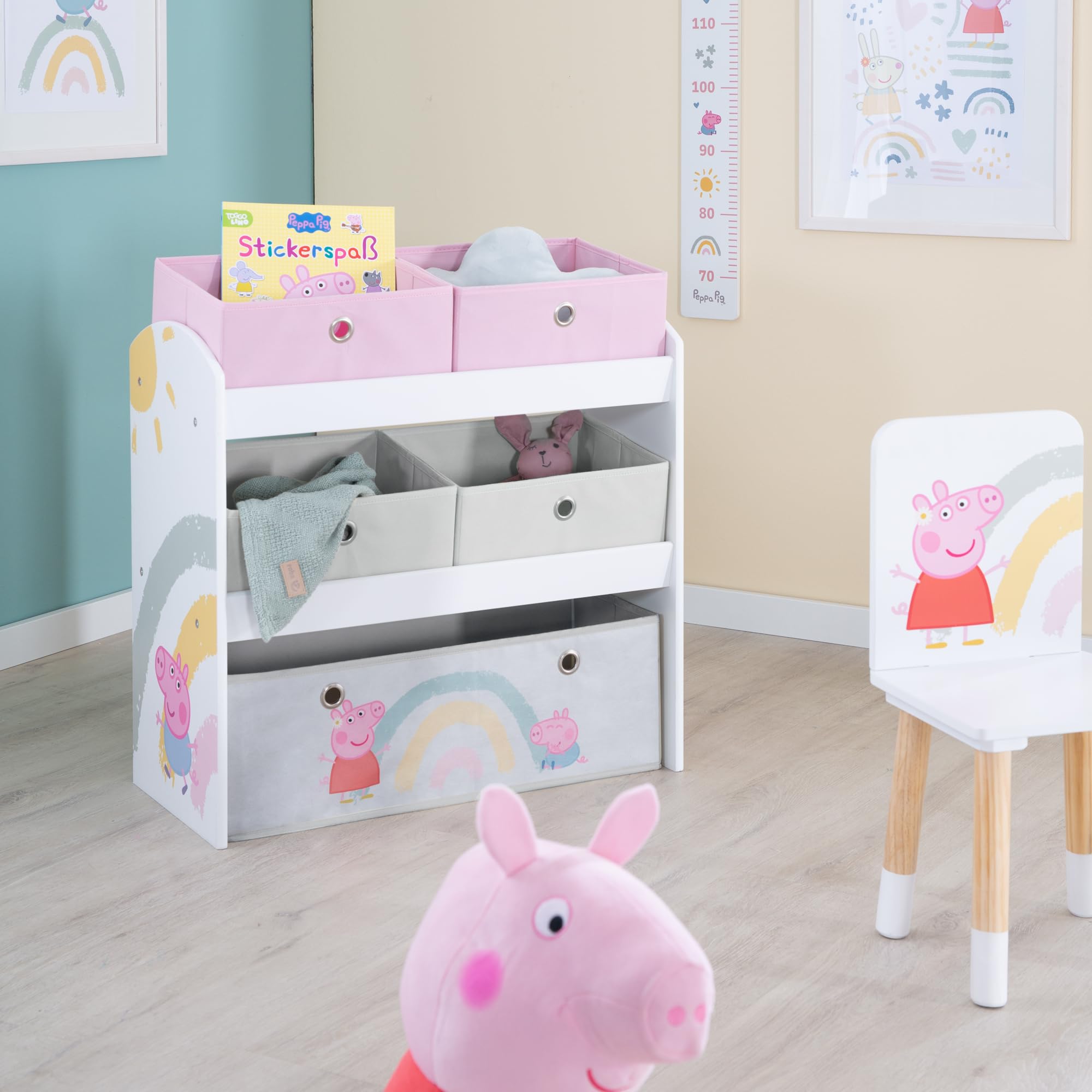 roba Estantería de Juguetes Infantil de Madera Peppa Pig - 5 Cajas de Tela Desmontables - Diseño de Cerda - Mueble de Almacenamiento para Juguetes y Libros - Rosa/Gris