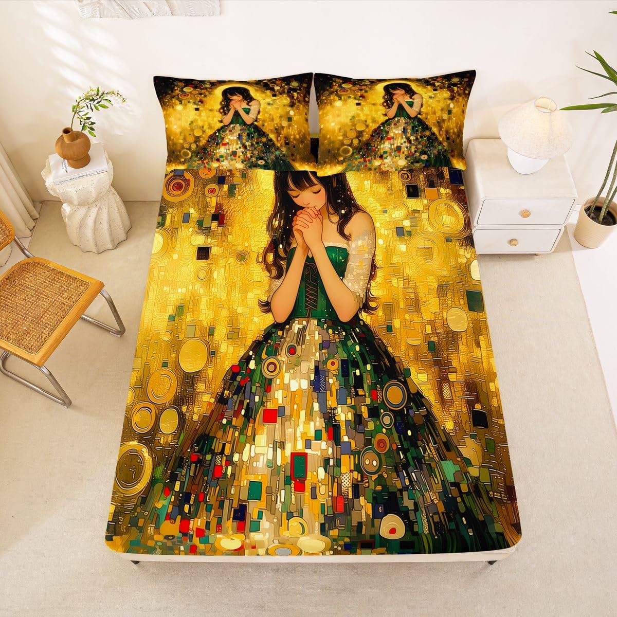 Erosebridal Girl Fitted Sheet Full Size Geometric Bed Sheets Circular Colorful Klimt Style Bedding Set for Kids Girls Teens Modern Retro Art Girly Sheets