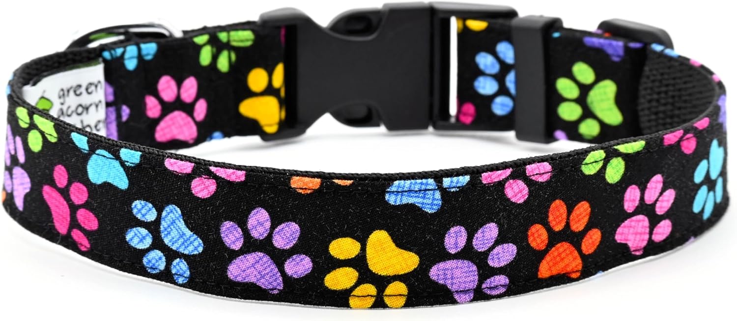 Colorful Paw Prints Dog Collar - Black with Black, Blue or Pink Buckle - Unisex - 4 Sizes - 1 Inch Wide - Handmade by Green Acorn Kitchen (Small 9-13", Black Buckle)