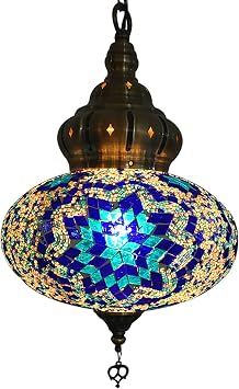 Moroccan Lantern Ceiling Hanging Lamp Turkish Mosaic Vintage Pendant Lamp Bohemian Decorative Chandelier Fixture for Gifts Bedroom Living Room Bar Cafe, 110V-240V, E14,Blue