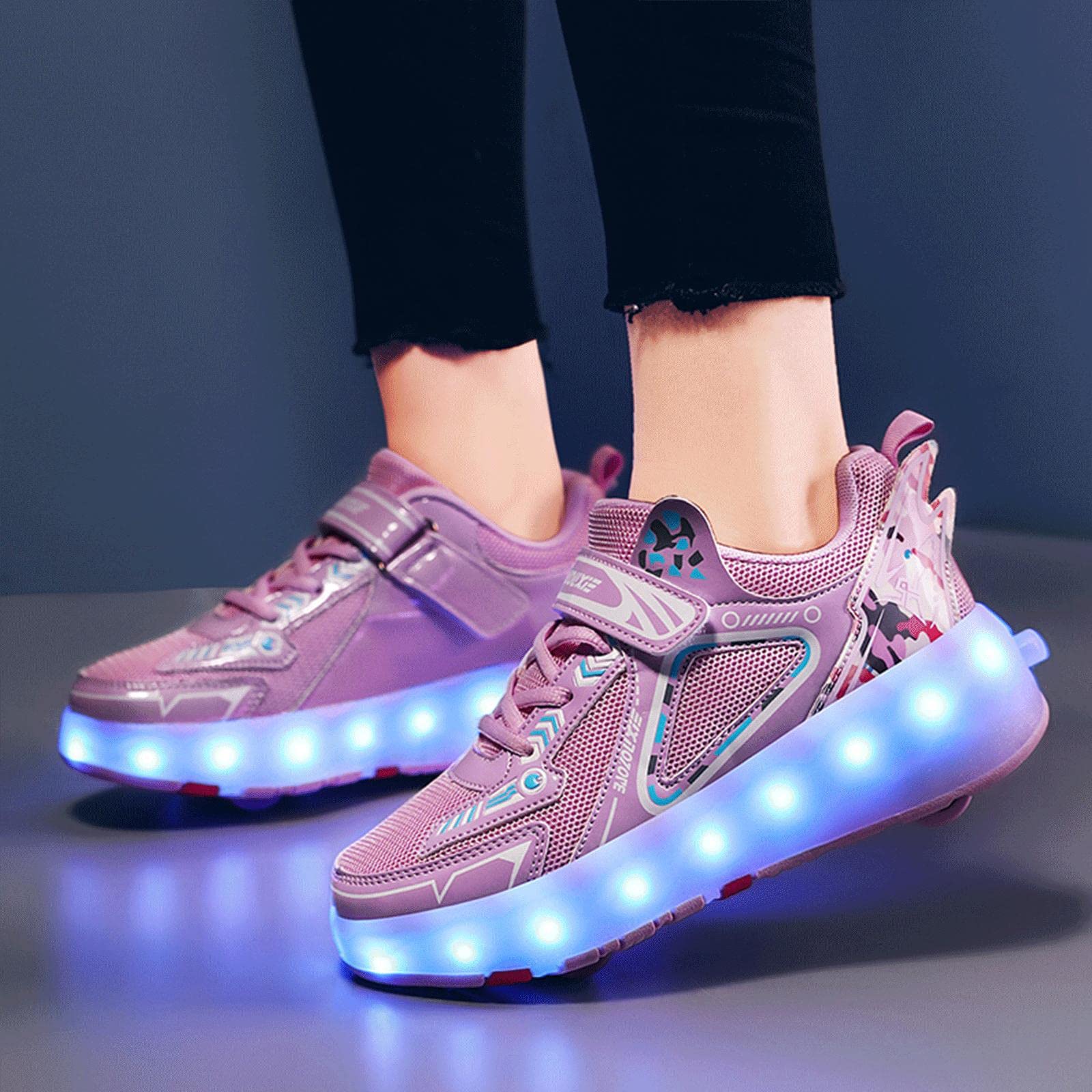 TECDOTO Zapatillas con Ruedas, USB Recargable Zapatos de Patines para Niños Niñas Niños Regalo Luz LED 4 Ruedas Zapatos Patines,Pink-38EU