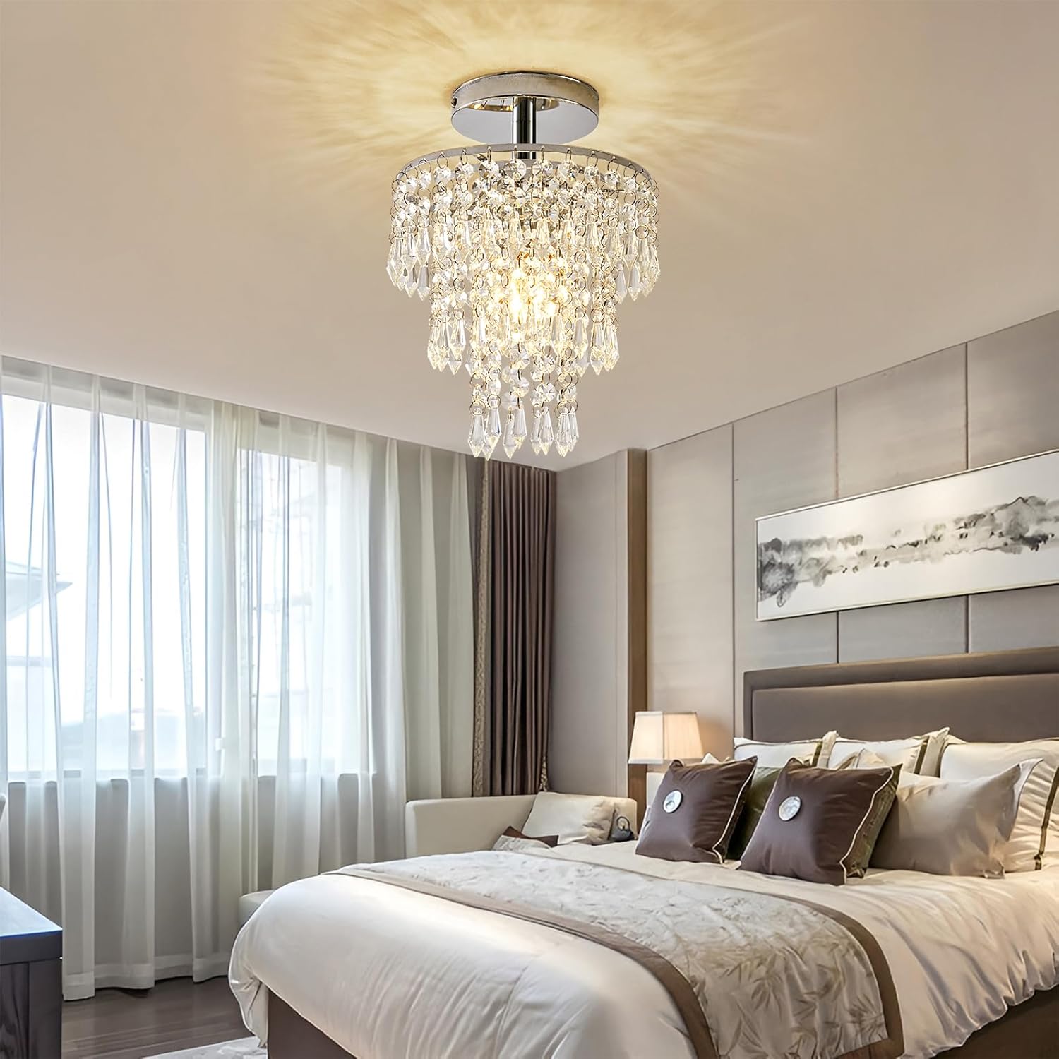 Small Crystal Chandelier, Flush Mount Ceiling Light with 3 Tiers Raindrops Crystal, E26 Base, Mini Chandelier, Ideal for Bedroom, Living Room, Hallway, Bar, Kitchen, Bathroom. D7.9"x H11" (Chrome)