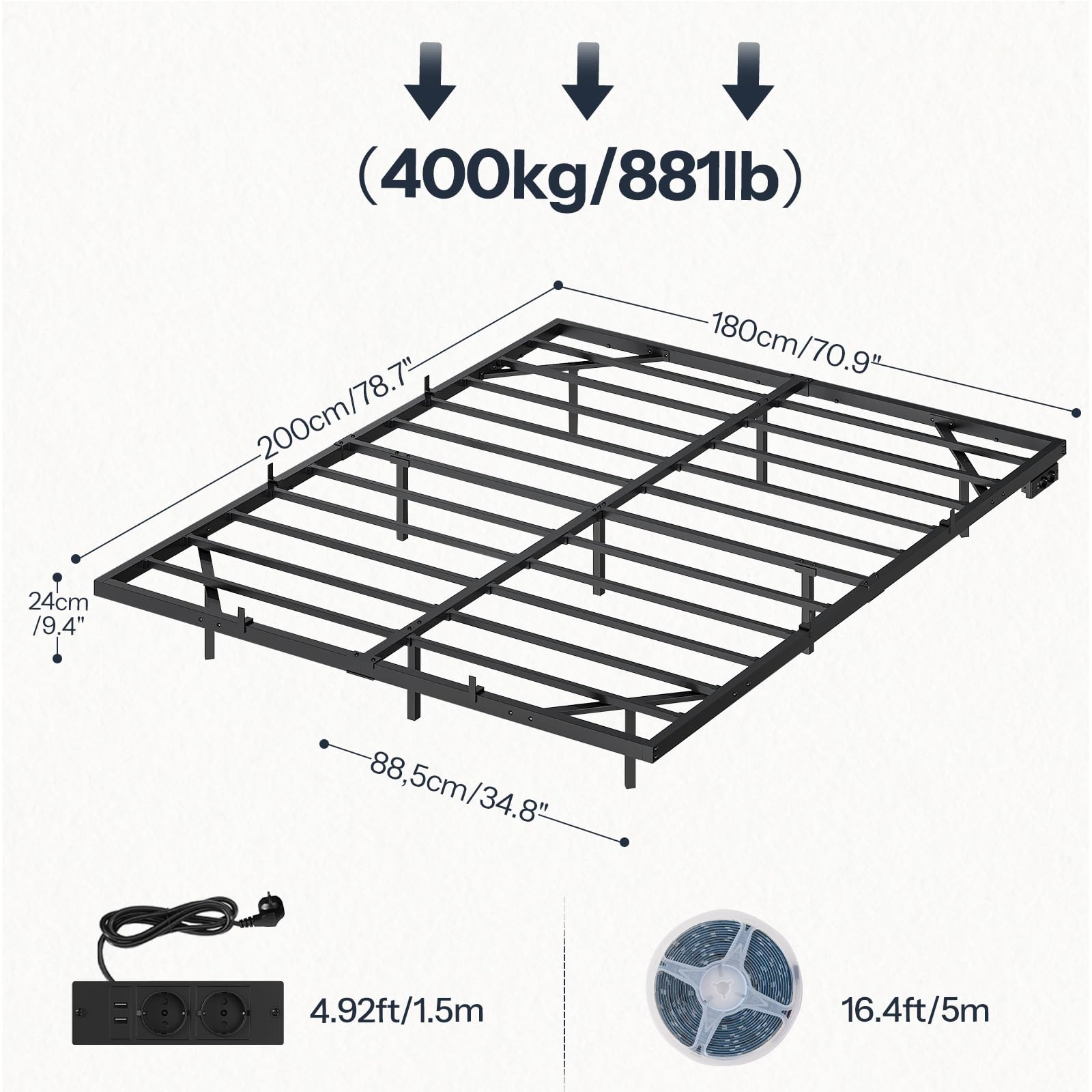 HOOBRO Bettgestell 180 x 200, Bett mit LED Beleuchtung und Ladestation, Schwebender Bettrahmen mit Lattenrost, Metallbett 180 x 200, Doppelbett(Ohne Matratze), für Schlafzimmer, Schwarz EBK024CDBF01