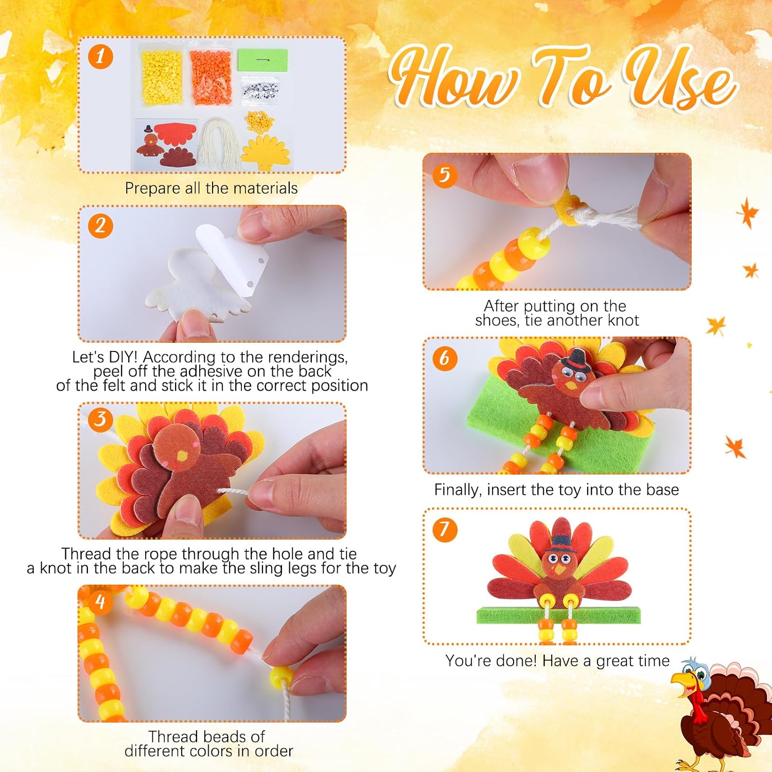 Blueweenly 24 Sets Thanksgiving Turkey Craft Kits Beaded Thanksgiving DIY Art Sets Felt Turkey Kit Autumn Crafts Fall for Harvest Party Home Classroom Activities Gift Project
