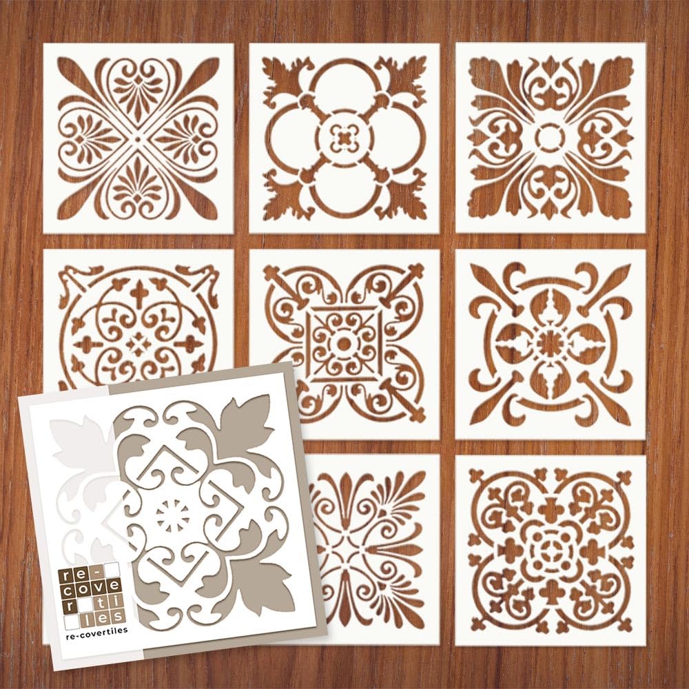 RE-COVERTILES - Stencil per Pittura e Decorazione | Flessibili Lavabili e Riutilizzabili | per Pareti, Pavimenti e Mobili | Set 9pz 15x15 cm