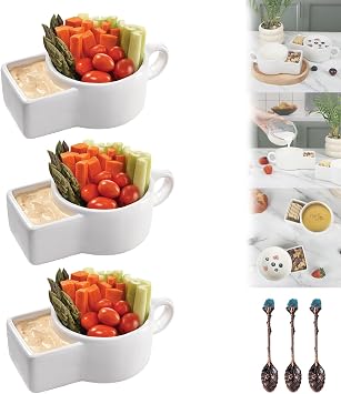 4 Pack Soup Cracker Bowl, Soup Bowl With Cracker Holder, 2 in 1 Ceramics Breakfast Bowl,Cracker Bowls Sets for Breakfast, Chip, Veggies, Dip Bowls for Parties 3Pcs