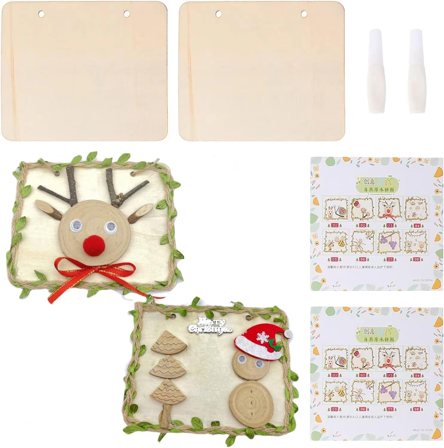 Merry Christmas Wood Craft Kits DIY for Kids, 2pcs Nature Wooden Crafts Unfinished Gift for Daughter Son Christmas Birthday Present Art Bulk Craft Plaque, Deer and Snowman