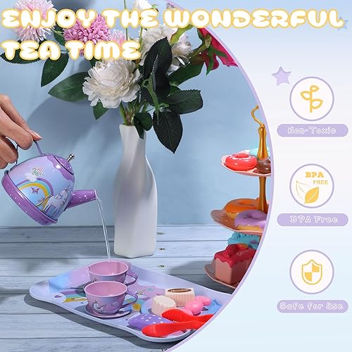 Miniatura 4 de Lewtemi Juego de 48 piezas de fiesta de té para niñas pequeñas, juguete de simulación de té de princesa, juego de cocina para niños, juego de fiesta