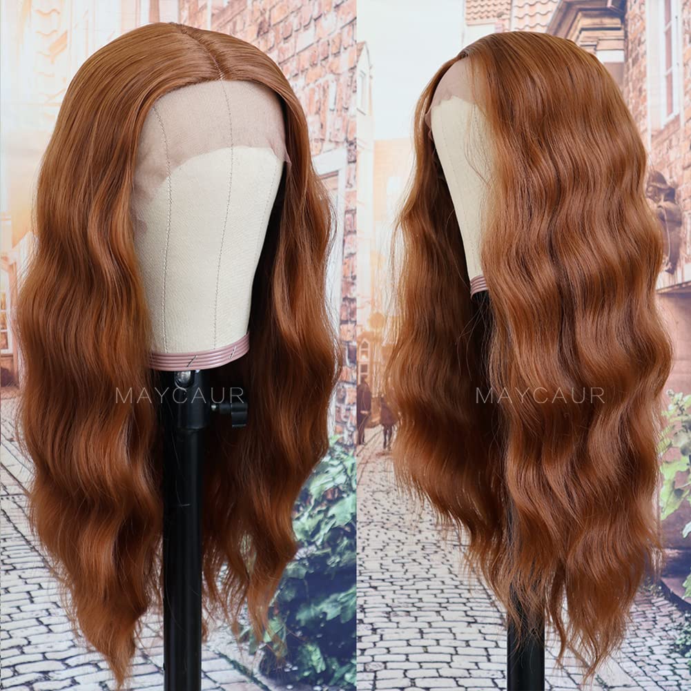 Maycaur Ginger Lace Front Wigs Long Wavy Hair Glueless Synthetic Lace Front Wigs for Fashion Women Reddish Brown Color Half Hand Tied Wigs Heat Resistant Soft Fiber Hair
