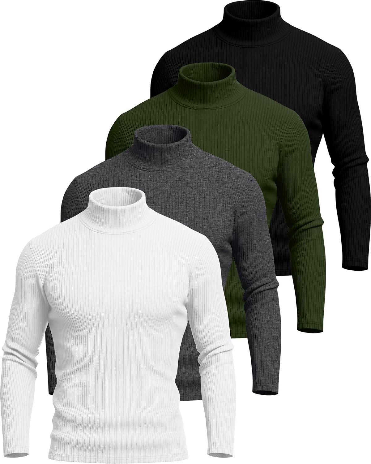 4 Pack Men's Turtleneck Long Sleeve Shirts Cotton Ribbed Sweater Mock Neck Pullover Casual Tops Slim Fit Layer
