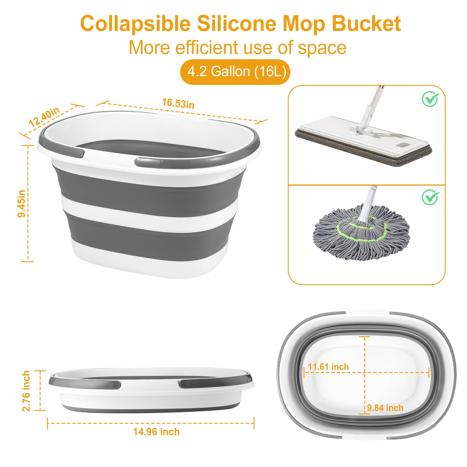 Large Collapsible Bucket 4.2 Gallon  16L  For House Cleaning Camping Space Saving Multiuse Water Bucket Cleaning Mop Lightweight Portable Grey 1 - View #4