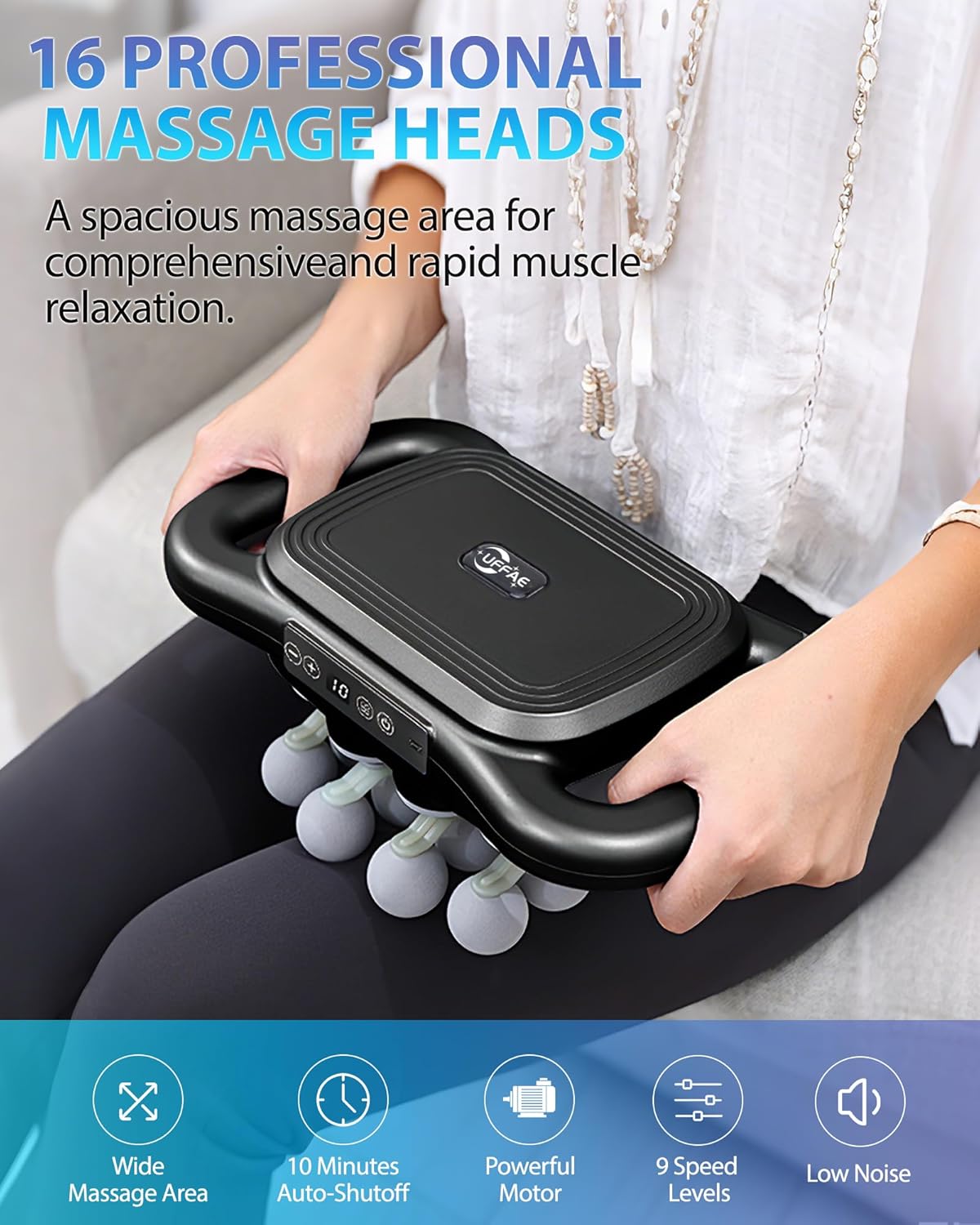 16-Head Massage Gun, Deep Tissue Percussion Massager with 9 Modes & 9 Intensities, 2600mAh Battery Back Bassager for Pain Relief Deep Tissue for Muscle Pain Relief in Back, Legs, Shoulders - Image 7