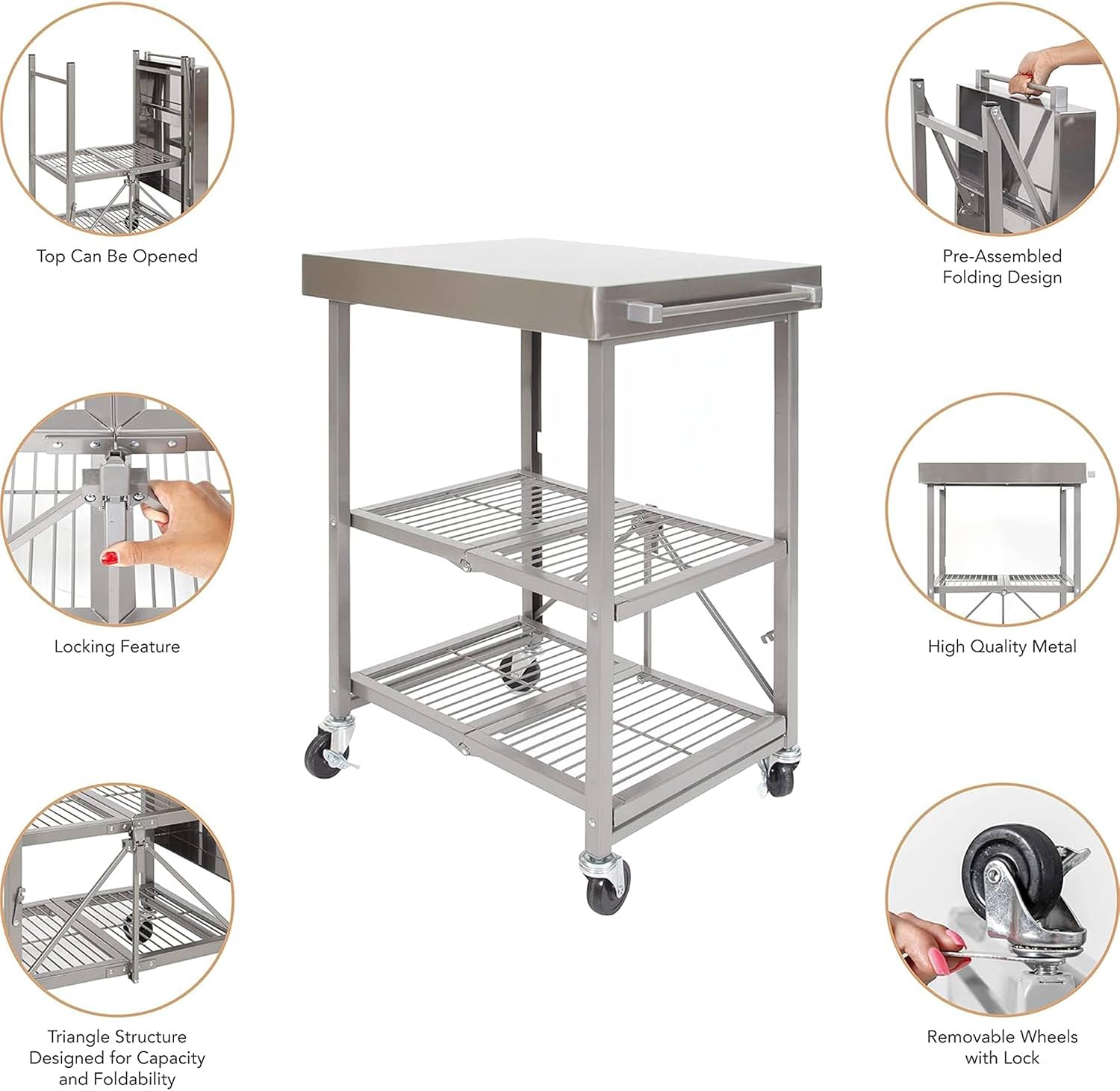 Origami Foldable Kitchen Island Cart - Wheeled Rolling Storage Cart With Shelves & Towel Bar