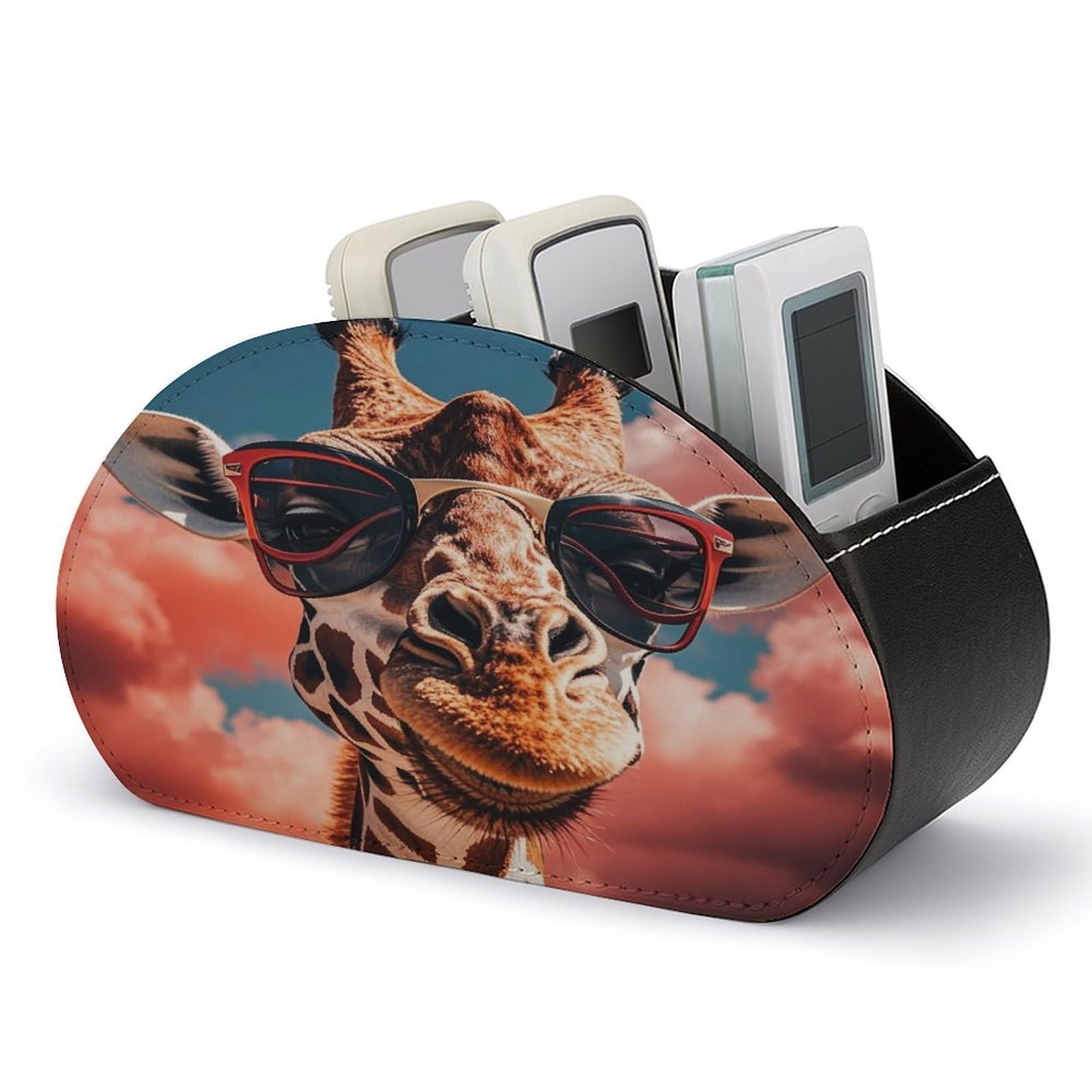 FekiLoot Giraffe Wearing Sunglasses TV Remote Control Holder with 5 Compartments Multi-functional Leather Bedside Table Remote Caddy Desktop Storage Box for Store Pen Controller Media Player Cosmetic