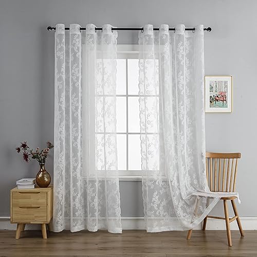 Anytime Paneles de cortinas transparentes de encaje blanco para sala de estar, elegantes juegos de cortinas translúcidas filtrantes de luz para