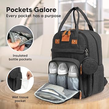 KeaBabies Diaper Bag Backpack - Large Baby Diaper Bag with Changing Pad, Baby Boy, Girl, Travel Backpack for Mom and Dad, Waterproof, Multi Function Durable (Charcoal)