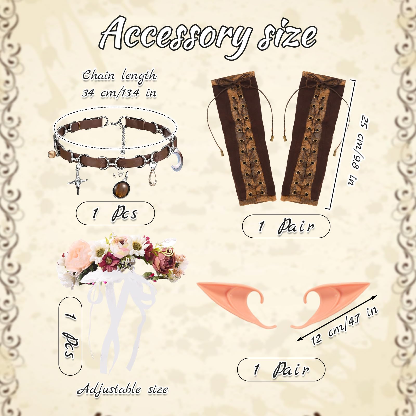 Skknuny Renaissance Dress Women Medieval Costume Ren Faire Outfit with Flower Crown Necklace Gloves for Halloween Elf Cosplay (M) - Image 3