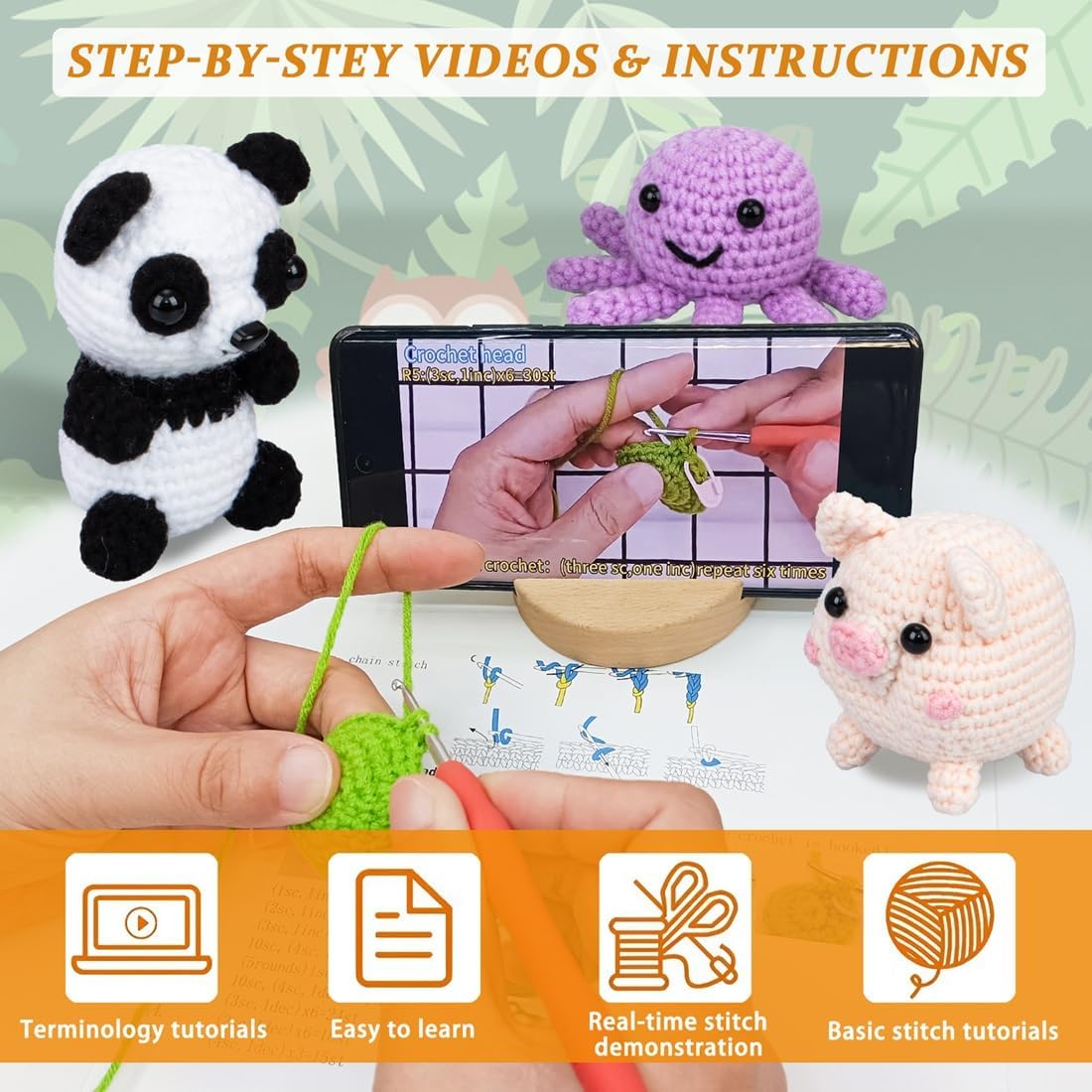 かぎ針編みアニマルキット &ndash; 初心者向けかぎ針編みキット 6点 キッズ編みキット ステップバイステップビデオ付き 毛糸 かぎ針編みフ