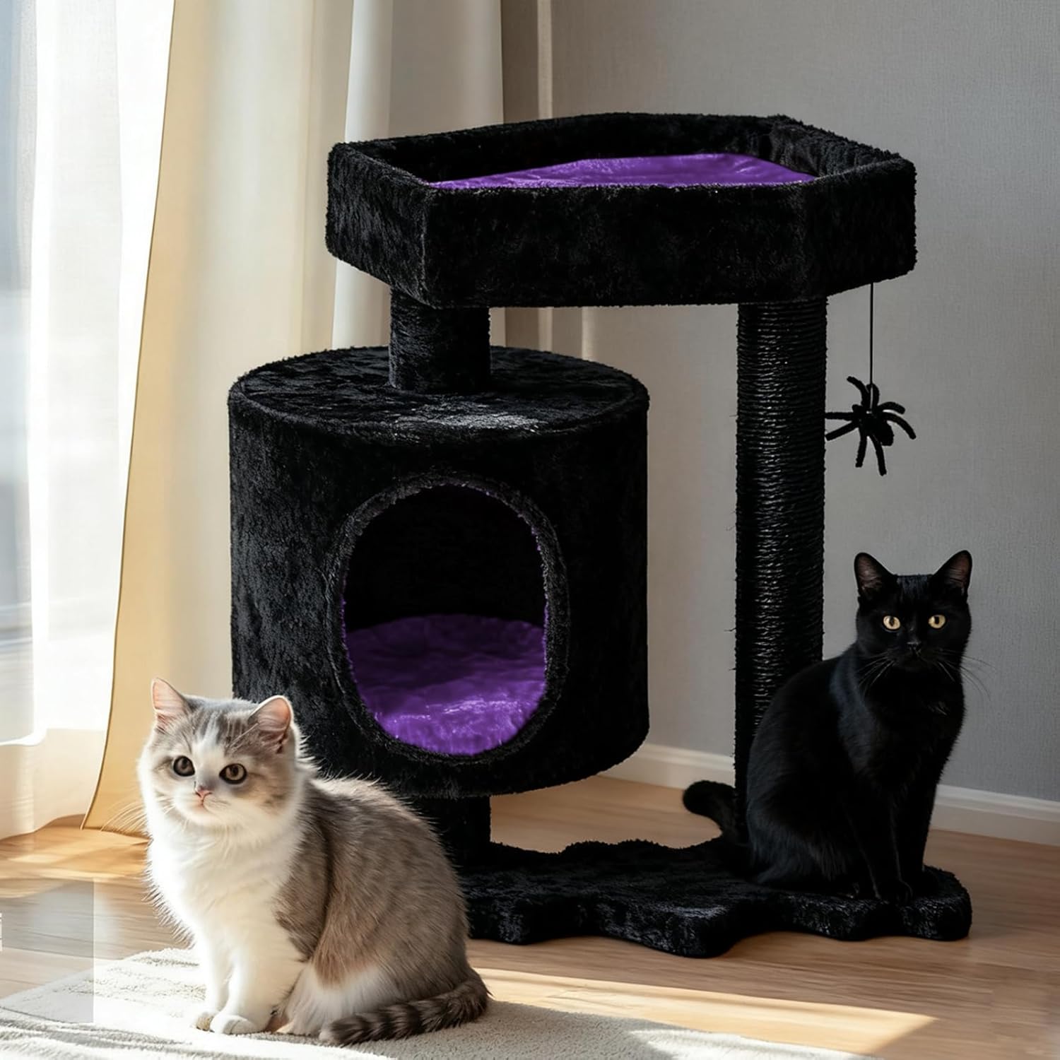 BEWISHOME Cat Tree, Gothic Cat Tree with Coffin Bed, Goth Cat Tree Tower with Scratching Posts, Cat Shelves for Kittens, Spider Toy, Black and Violet Small MMJ93Z
