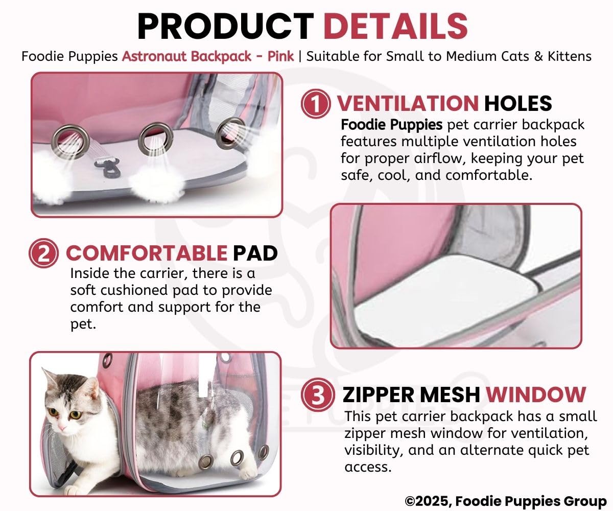 Foodie Puppies Cat Carrier Astronaut Transparent Backpack for Small Dogs, Puppies, Cats and Kittens (Pink) | Travel, Hiking & Outdoor Pet Airline-Approved Bag with Breathable Design (40 x 35 x 24 cm) 1