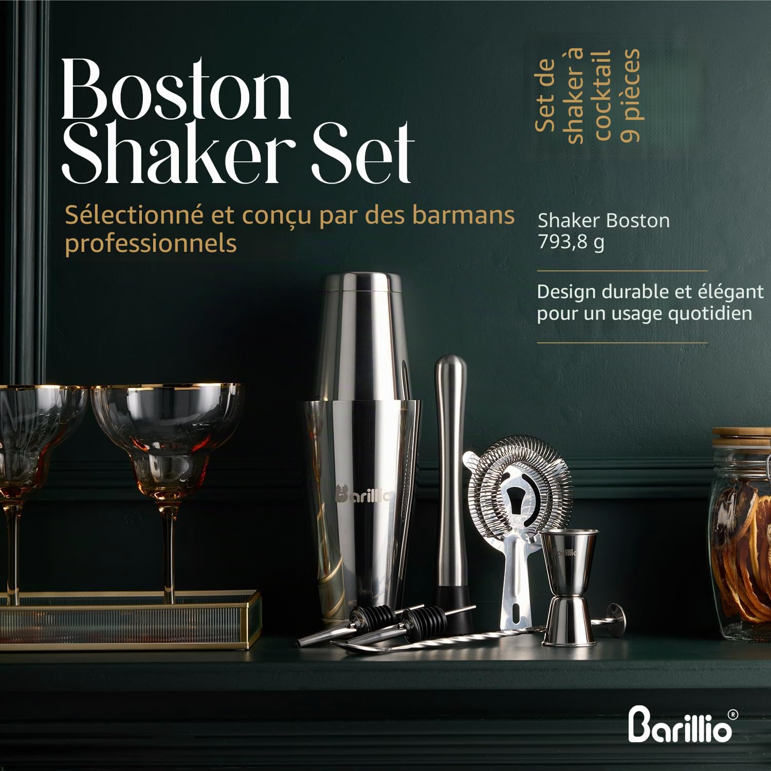 Ensemble shaker à cocktail Boston | Kit professionnel pour barman avec mélangeur à martini lesté, passoire aubépine, doseur, pilon à mojito, cuillère à mélanger et 2 becs verseurs à liqueur