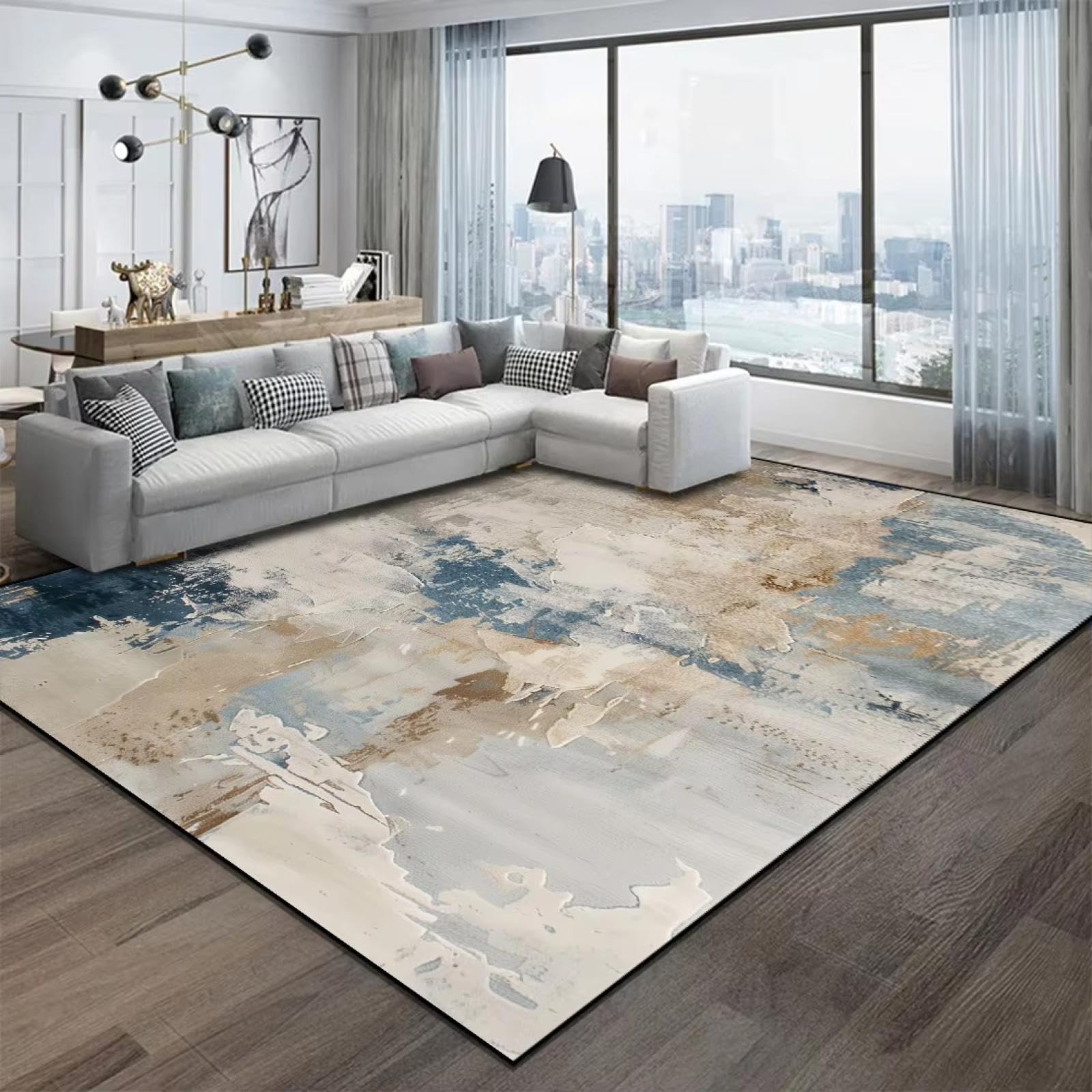 Tapis moderne à poils courts lavable bleu et marron clair pour salon 70x200cm