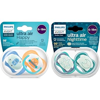 Philips AVENT Dummy 6-18 Months Ultra Air Day & Night Dummies Pack of 4 2 x Glow-in-the-Dark Dummies for the Night 2 x Ultra Air Day Dummies 6-18 Months 2 Steriliser Carry Bags