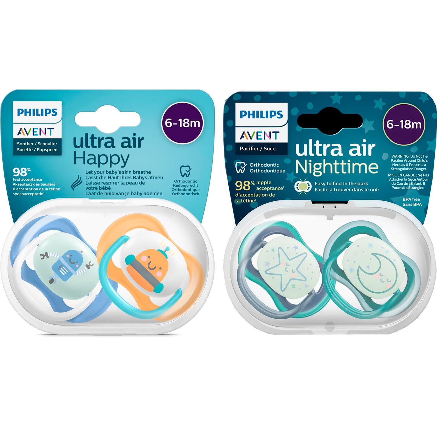 Philips AVENT Schnuller 6-18 Monate Ultra-Air Day & Night Schnuller (4er Pack): 2 x nachtleuchtender Schnuller für die Nacht, 2 x Ultra-Air-Day-Schnuller, 6-18 Monate, 2 Sterilisator-Tragetaschen