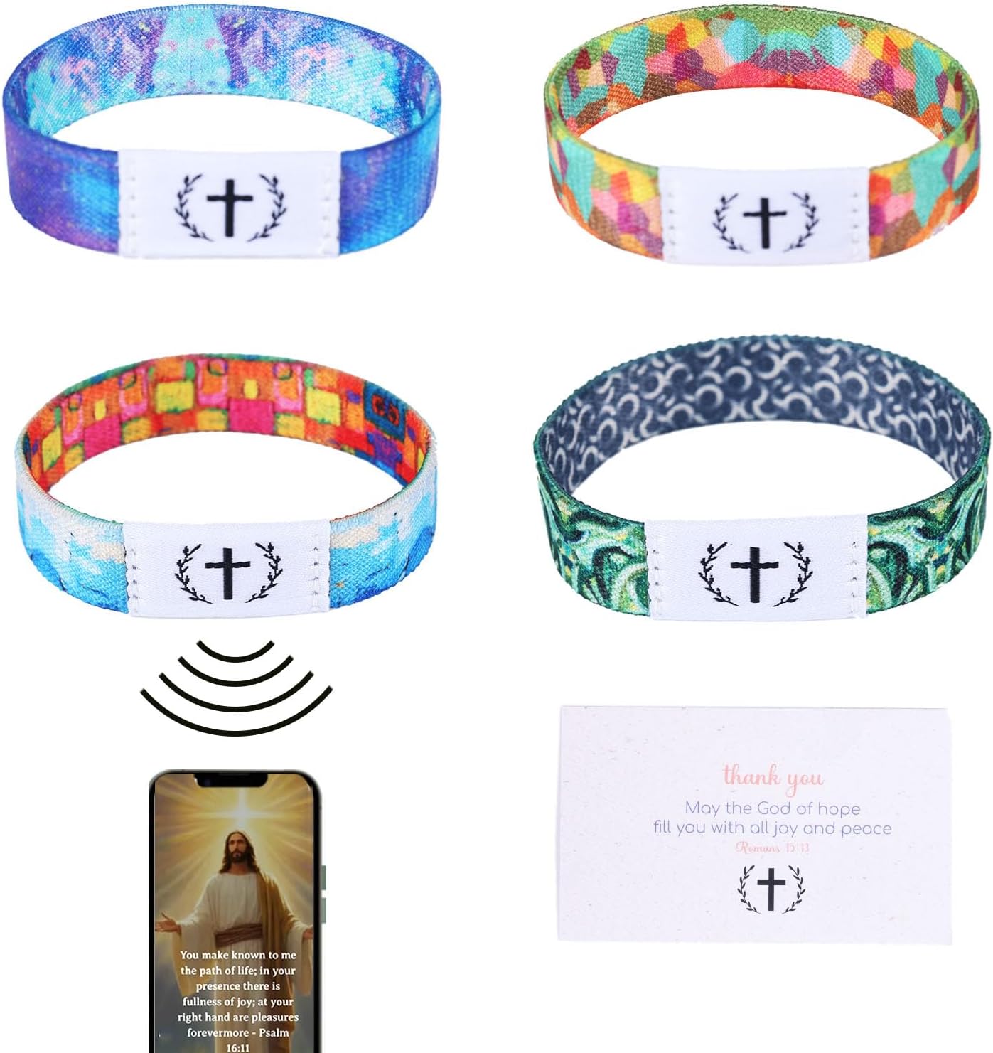 4pcs NFC Bible Bracelets, Christian Daily Bible Verse Wristbands Elastic Scripture Bracelets Jesus Wristbands Faith Inspirational Band Gifts for Women and Men Religious Gospel