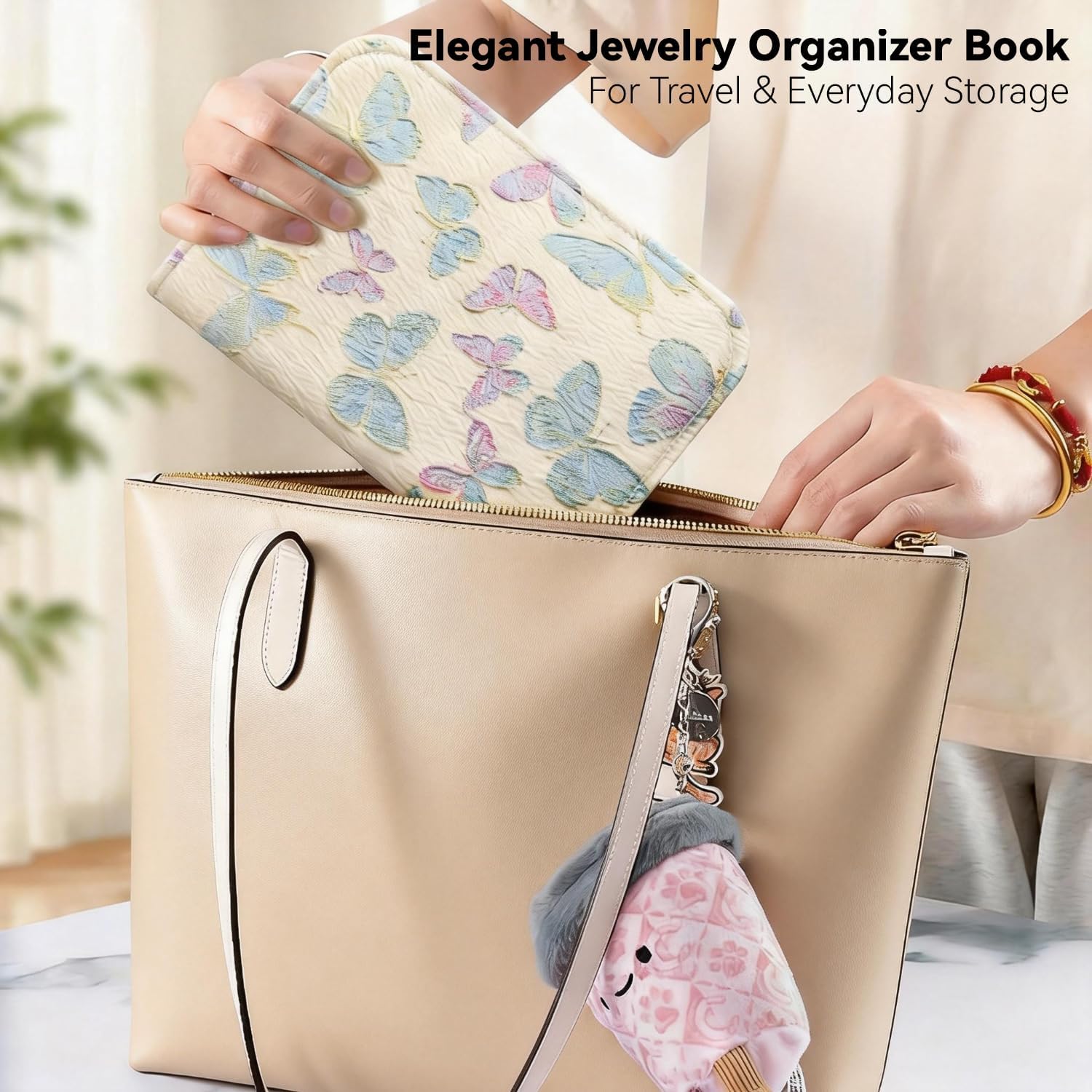 Travel Jewelry Organizer Booklet with 5 PCS Pages & 12 Zippered Compartments, Portable Jewelry Storage Pouch with PVC Windows – Mini Jewelry Travel Case for Necklaces, Rings & Earrings（Butterfly）