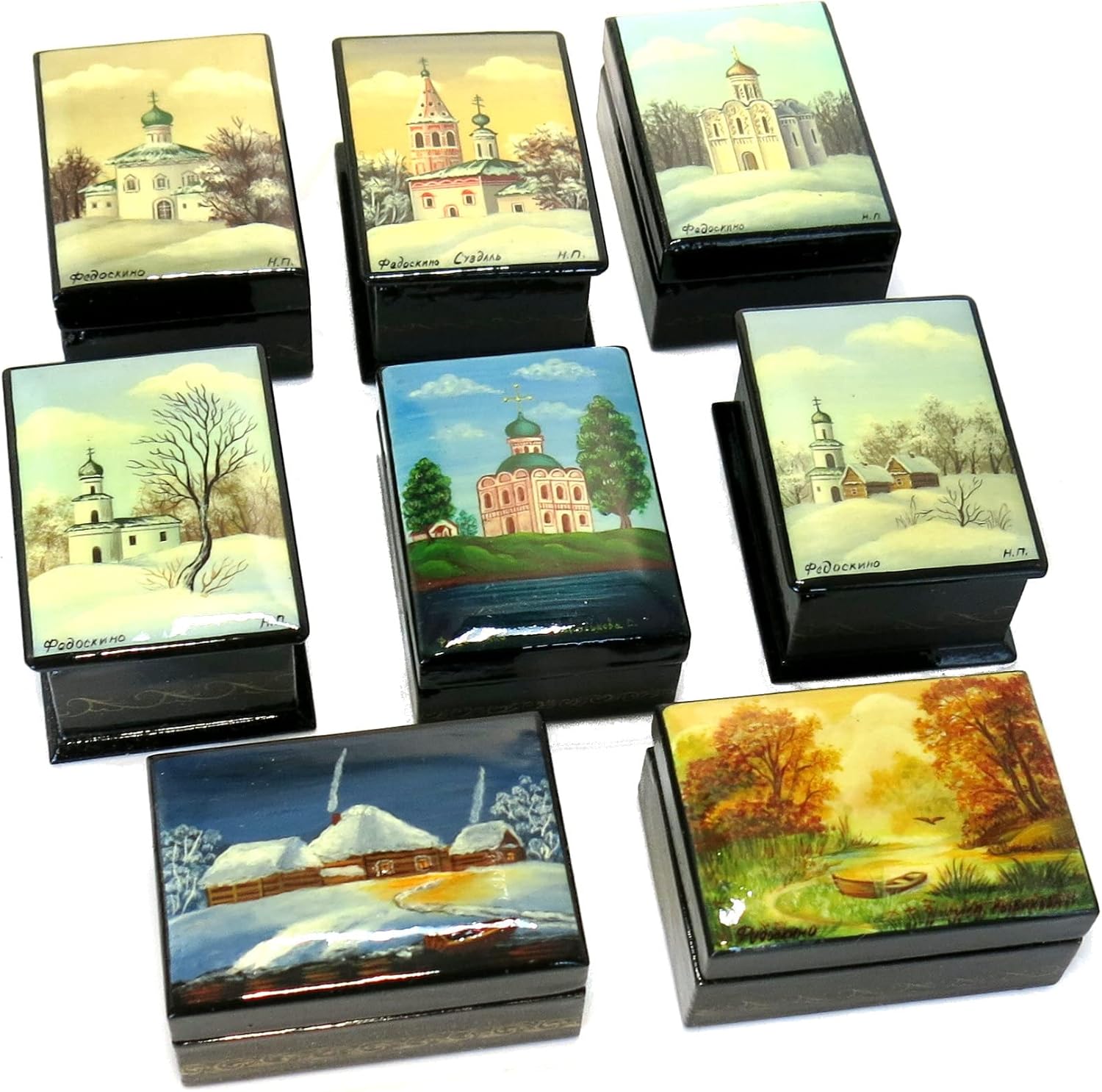 Hand Painted Fedoskino Miniature Jewelry Lacquer Box, Earrings Pendants Necklaces Small Trinket Box, Engagement Ring Proposal Russian Style Hand Painted Jewelry Box (Monastery 2)