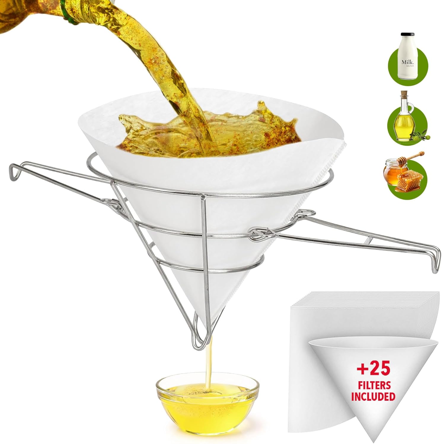 +25 Premium 10 Inch Grease container for kitchen oil filter spoon cooking to reuse strainer separator holder deep fryer frying paper cones food pot maple syrup tapping cone fry china cap. (1pes)