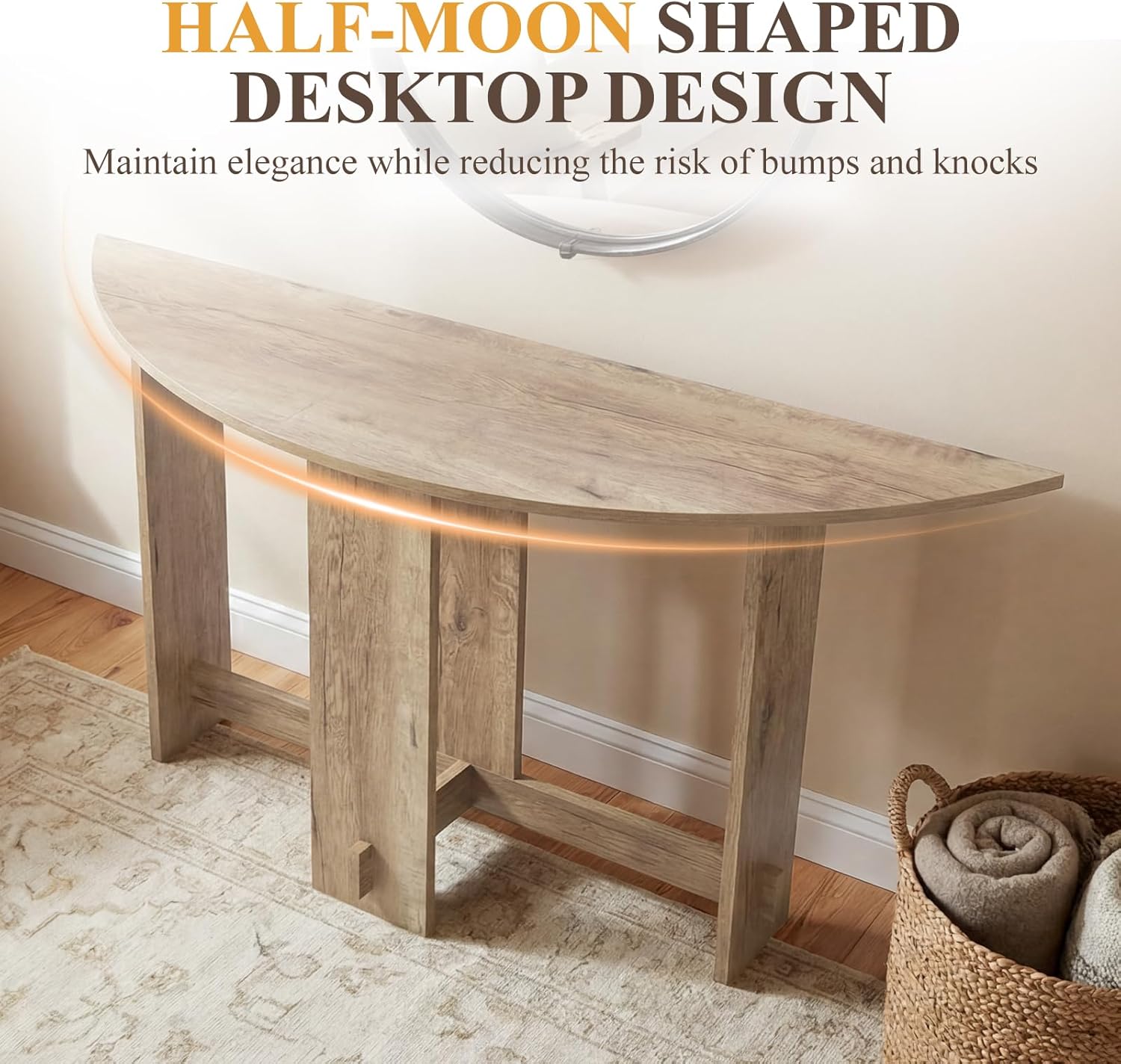 chairus Half-Moon Console Table, 51" Long Wooden Entryway Table, Demi-Lune Sofa Table, Narrow Behind Couch Table for Hallway/Living Room Accent Furniture, Natural