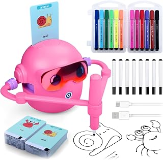 Zeichenroboter für Kinder von MMOBIEL – Malroboter Interaktives Lernspielzeug mit 100 Zeichenkarten, Sprachanleitung, 12 Farbstiften & USB-C Akku – Kreatives Geschenk für Kinder von 3–9 Jahren – Rosa