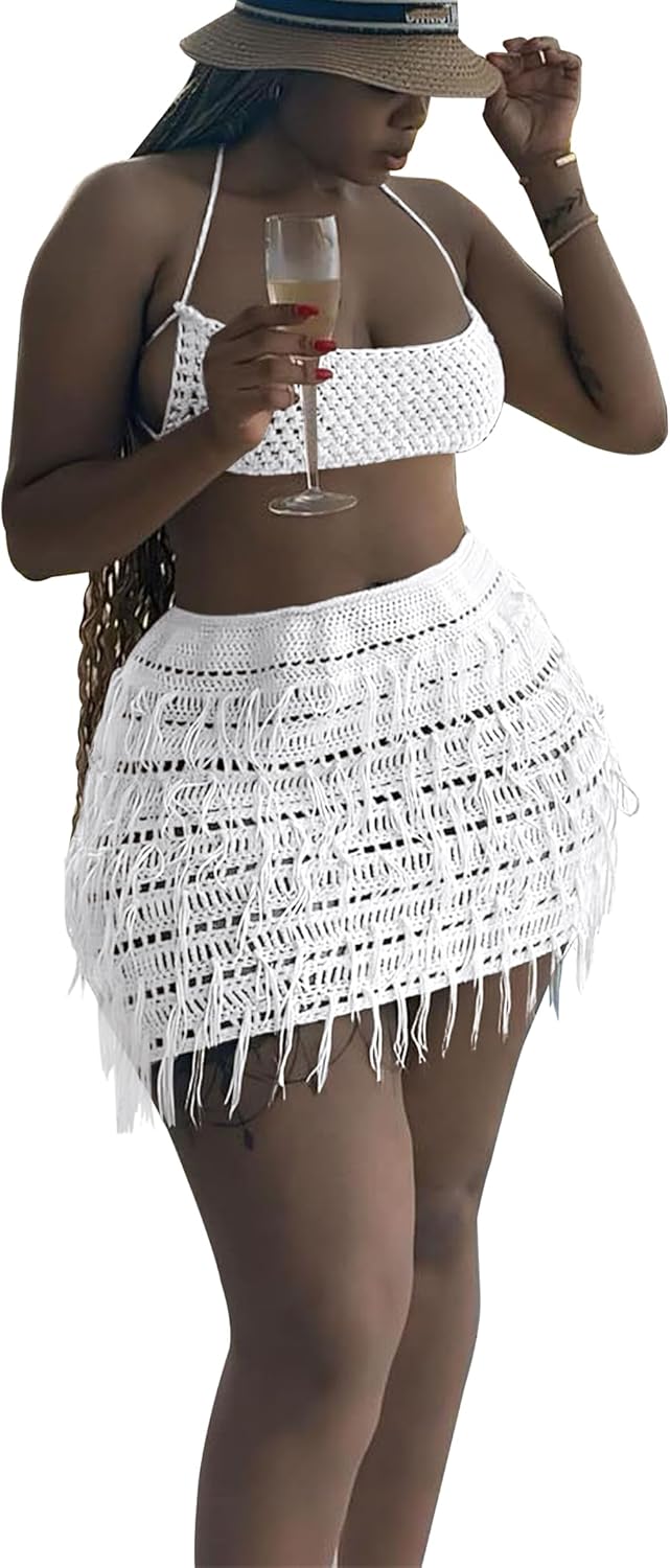 CALEBGAR Women 2 Piece Outfits Sexy Crochet Mini Dress Hollow Tassel Skirts Sets Summer Bandage Tube Tops