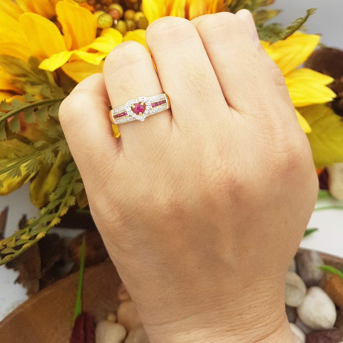 Dazzlingrock Collection Round Cut Ruby & White Diamond Womens Bridal Heart Shaped Promise Engagement Ring, 10K Solid White Gold