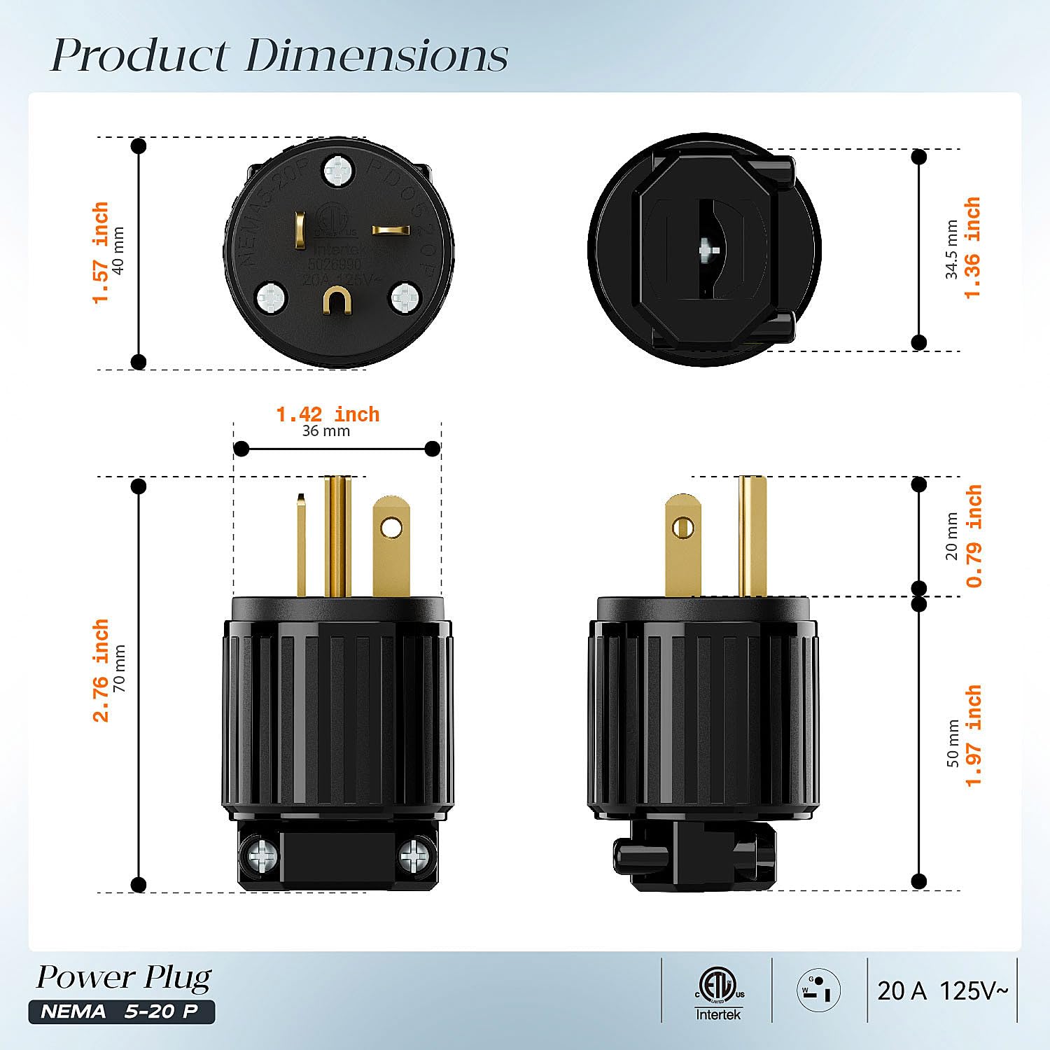 (10PACK) Nema 5-20P 20Amp 125Volt Plug, ETL Listed Heavy Duty Rewireable 20A/125Volt USA Canada 3-Prong Male Straight Blade Connector, 20Amp AC Industrial Grade Cord End Plug, Full Black
