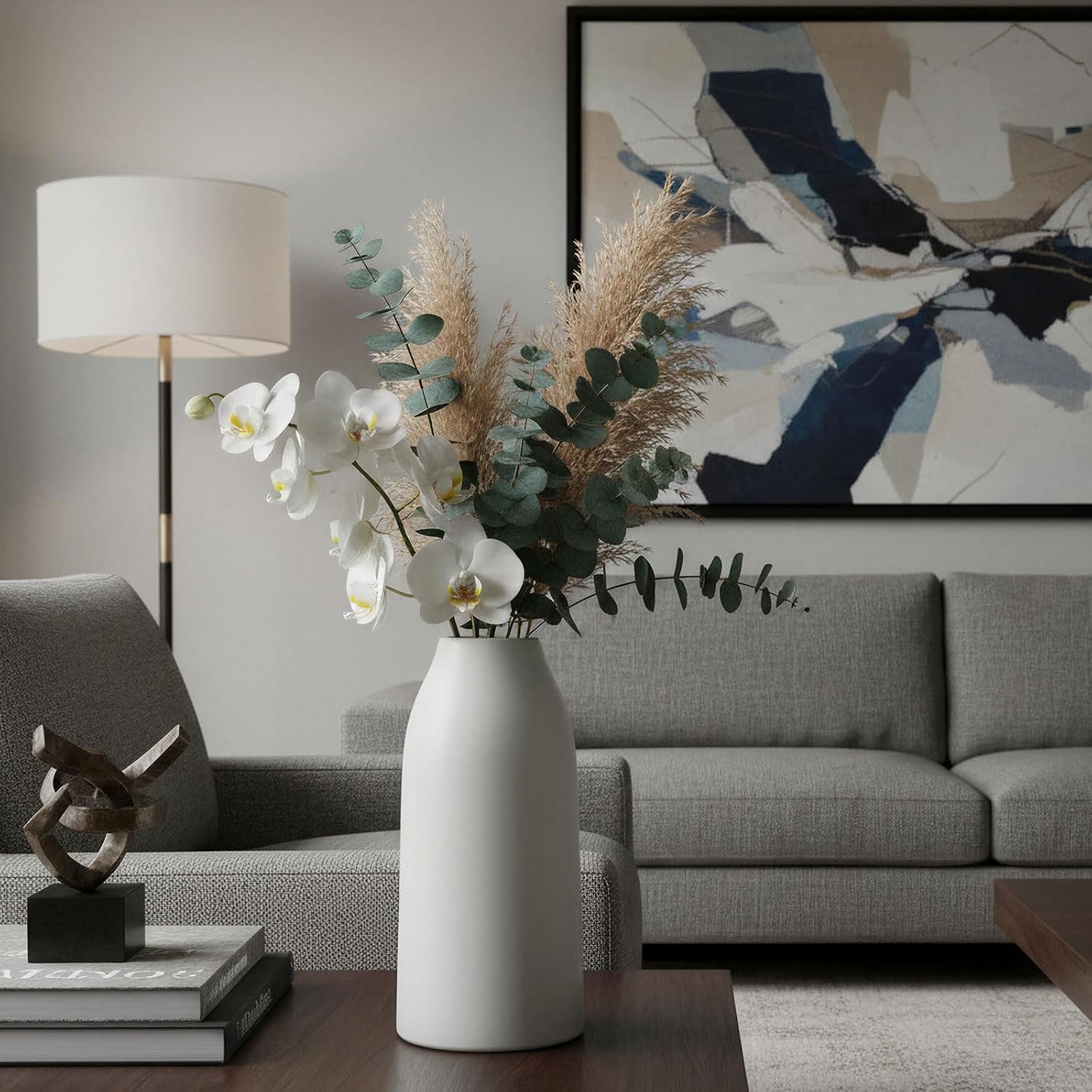 hjn Nordic Minimalist Matte White Ceramic Vase - Stylish Flower Vase for Dried Floral Arrangements, Home Decor (Living Room/Tabletop) (Sleek Rounded Vase-5.9" X12''H)