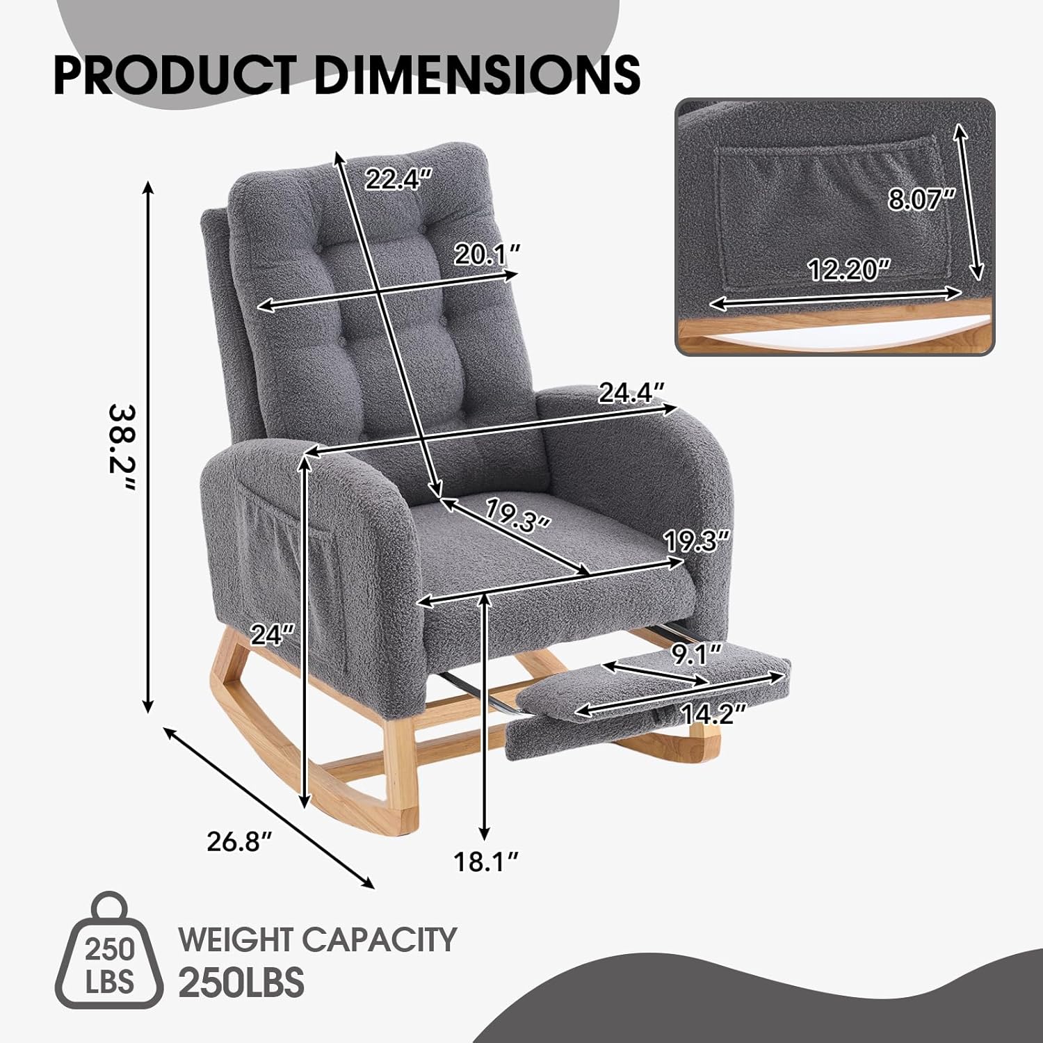 NIOIIKIT Nursery Rocking Chair, Linen Upholstered Glider Chair with Footrest, Tufted Rocker Recliner with Side Pocket, Comfy Recliner Glider, Accent Chair for Living Room (Gray Teddy)