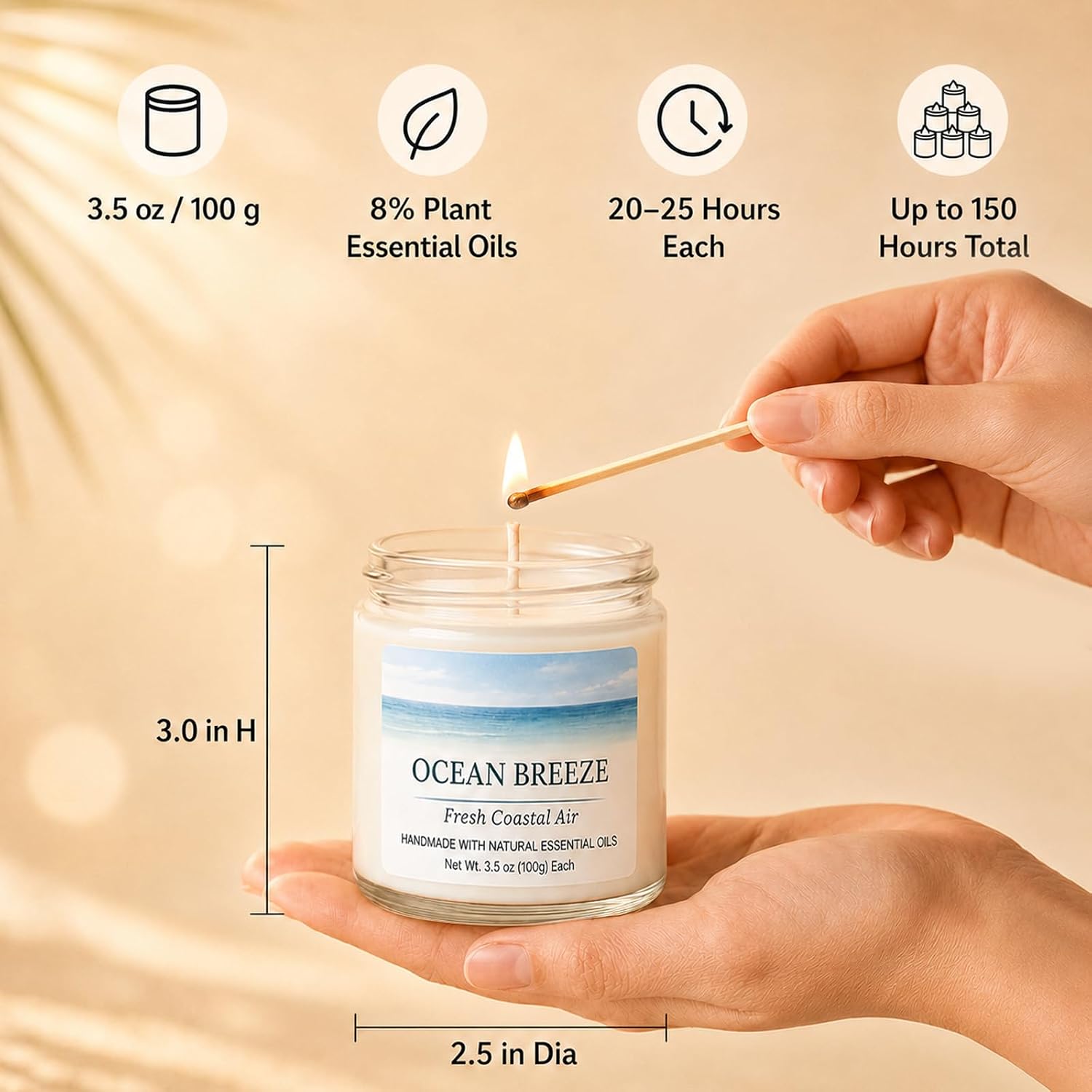 Spring & Summer Scented Candles Set, 6 Pack Soy Candles for Home, 21 oz Aromatherapy Candle Gift Set for Women, Mom, Birthday & Housewarming Gifts, Eucalyptus Mint & Vanilla Coconut — close-up with a beige/cream gradient background, soft bokeh and diffused palm-leaf shadows for a cozy studio feel. Spring & Summer Scented Candles Set, 6 Pack Soy Candles for Home, 21 oz Aromatherapy Candle Gift Set for Women, Mom, Birthday & Housewarming Gifts, Eucalyptus Mint & Vanilla Coconut — close-up with a beige/cream gradient background, soft bokeh and diffused palm-leaf shadows for a cozy studio feel.