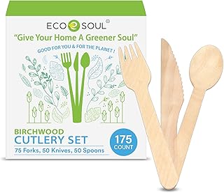 ECO SOUL 100% Compostable Cutlery [175-Pack] Disposable Wooden Cutlery Set I 100% Natural, Sturdy, Eco-friendly, Utensils Set I Biodegradable (75 Fork,50 Spoon, 50 Knife)