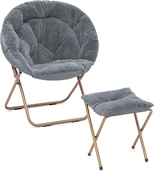 Cozy Saucer Chair, Living Room Chair, Faux Fur Soft Thick Padded Folding Chair, Comfortable Moon Chair for Living Room, Bedroom, Reading Nook, Modern Style, Gray