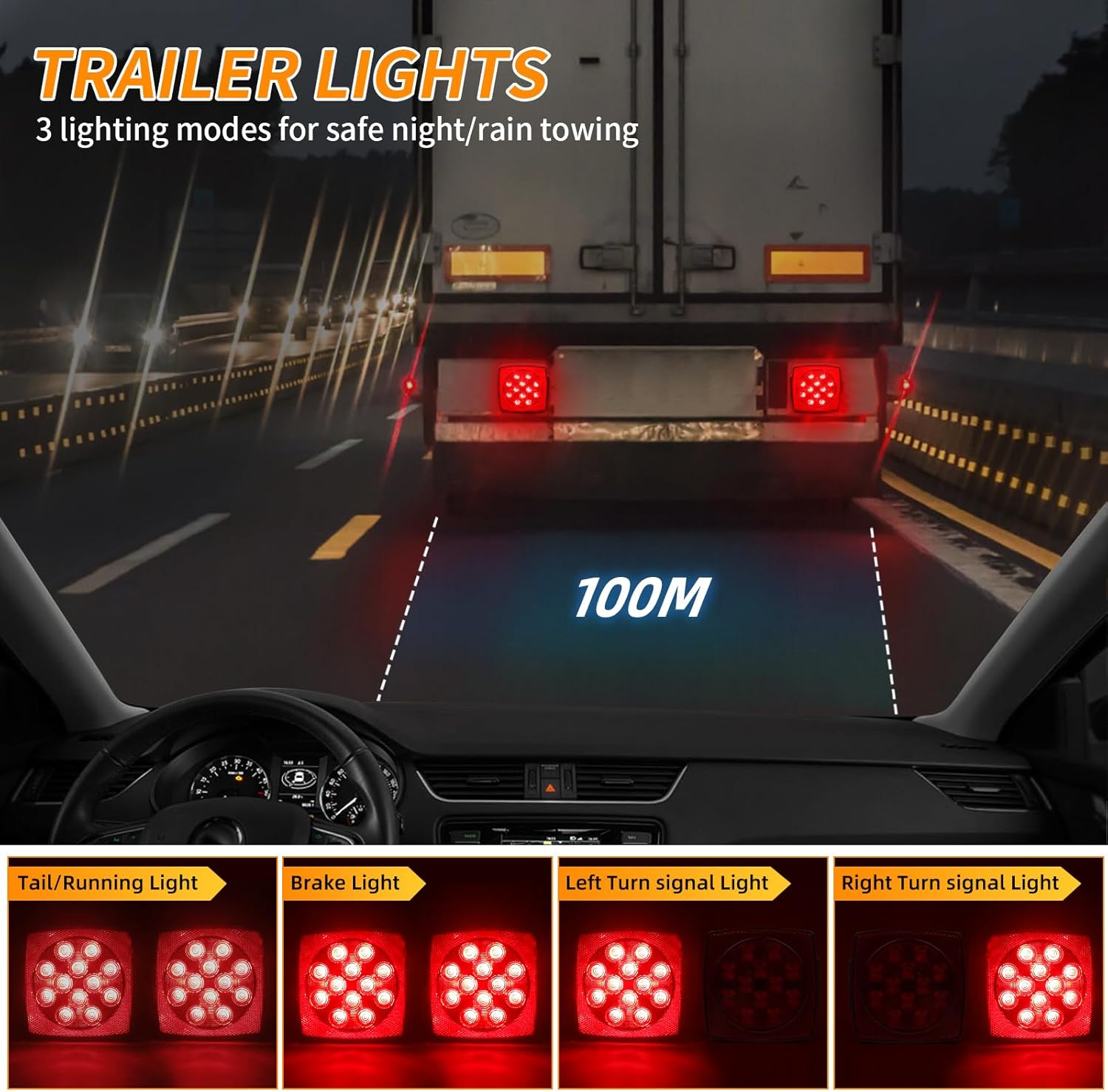 12V Submersible Square Led Wireless Trailer Light, Stop/Tail/Turn Light for 12V Utility Boat Camper RV Trucks Marine Snowmobile