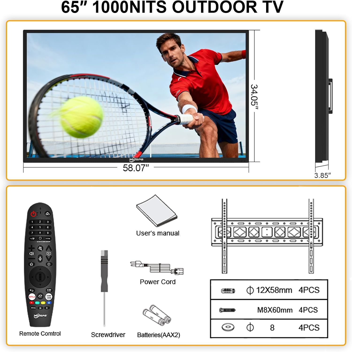 Outdoor TV, 65Inch 4K Outdoor Smart TV, 1000nits High Brightness Outdoor TVs, IP65 Waterproof TV, Voice Assistant Remote, Compatible with Dolby, Wide Viewing Angle Smart TV, Suitable for Partial Sun
