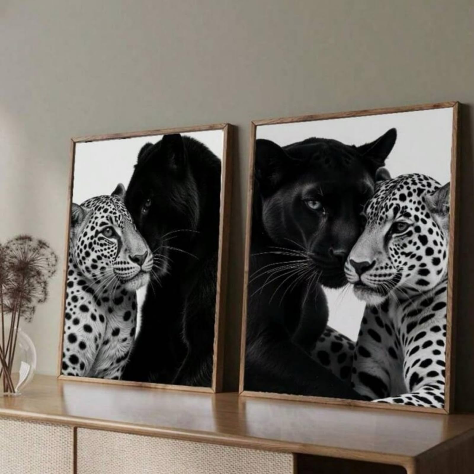 ZBELLO Set of 2 posters, Black Panther & Leopard Wall Art Prints, Modern Black White Wild Animal Posters, for Living Room Bedroom Home Decoration, Unframed (40x50cm)