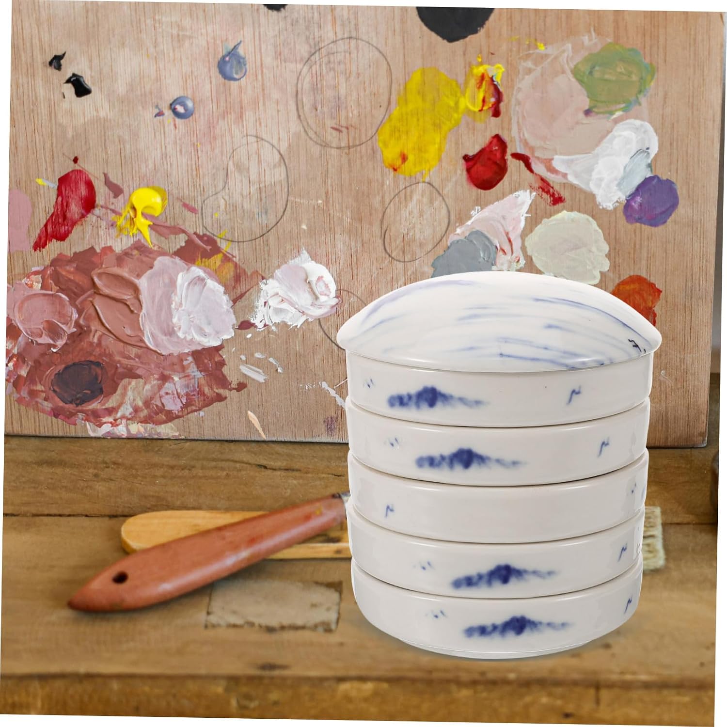 Stackable Ceramic Watercolor Mixing Palette Tray 5-Color Artist Paint Container for Traditional Chinese Painting Convenient for Watercolor and Oil Painting