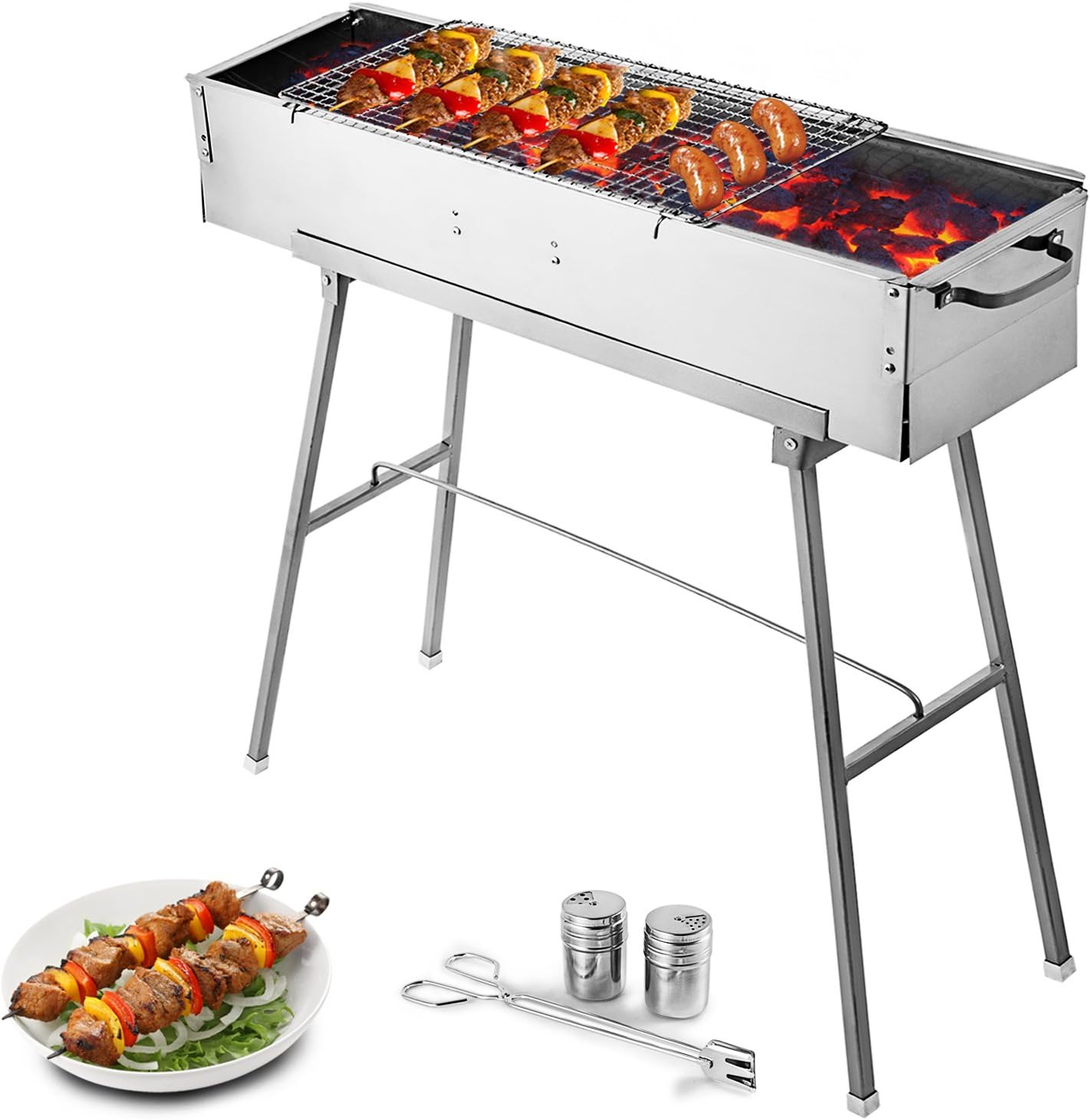 FORAVER Charcoal BBQ Grill 32" X 8" Folded Portable Stainless Steel Kebab Vent Control Round Edges for Outdoor Barbecue Camping Silver