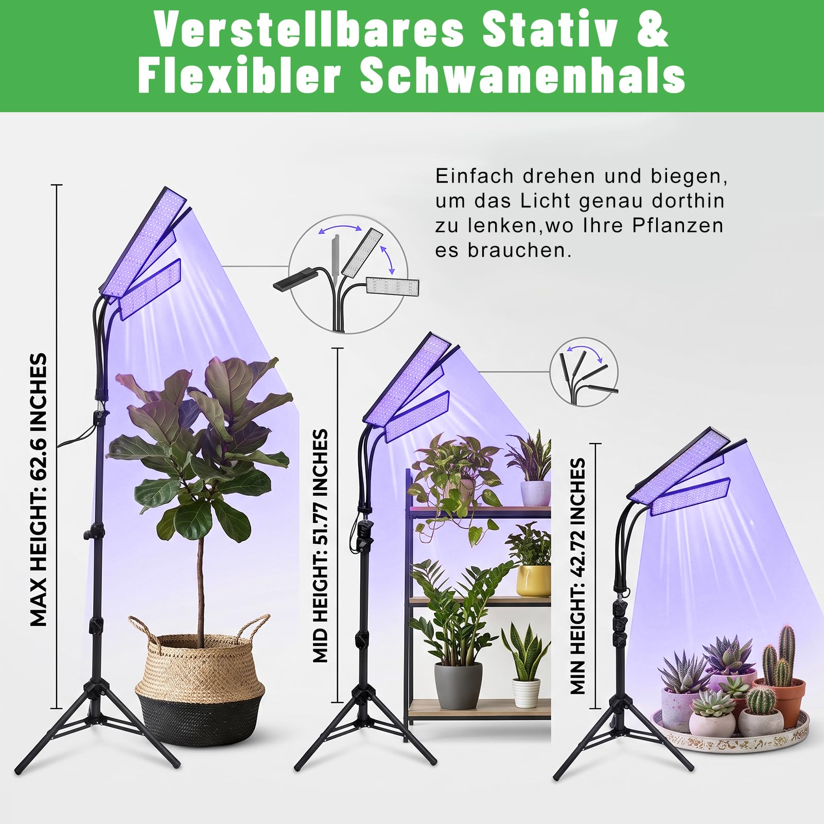 Lampe Horticole Led,32W 480LEDs Lampe Plante Interieur avec Trépied | 4Têtes Lampe Led Horticole Spectre Complet Minuterie 3/9/12,4 Modes,10 Niveaux,Bras Flexible 360°,Pour Plantes D'intérieur